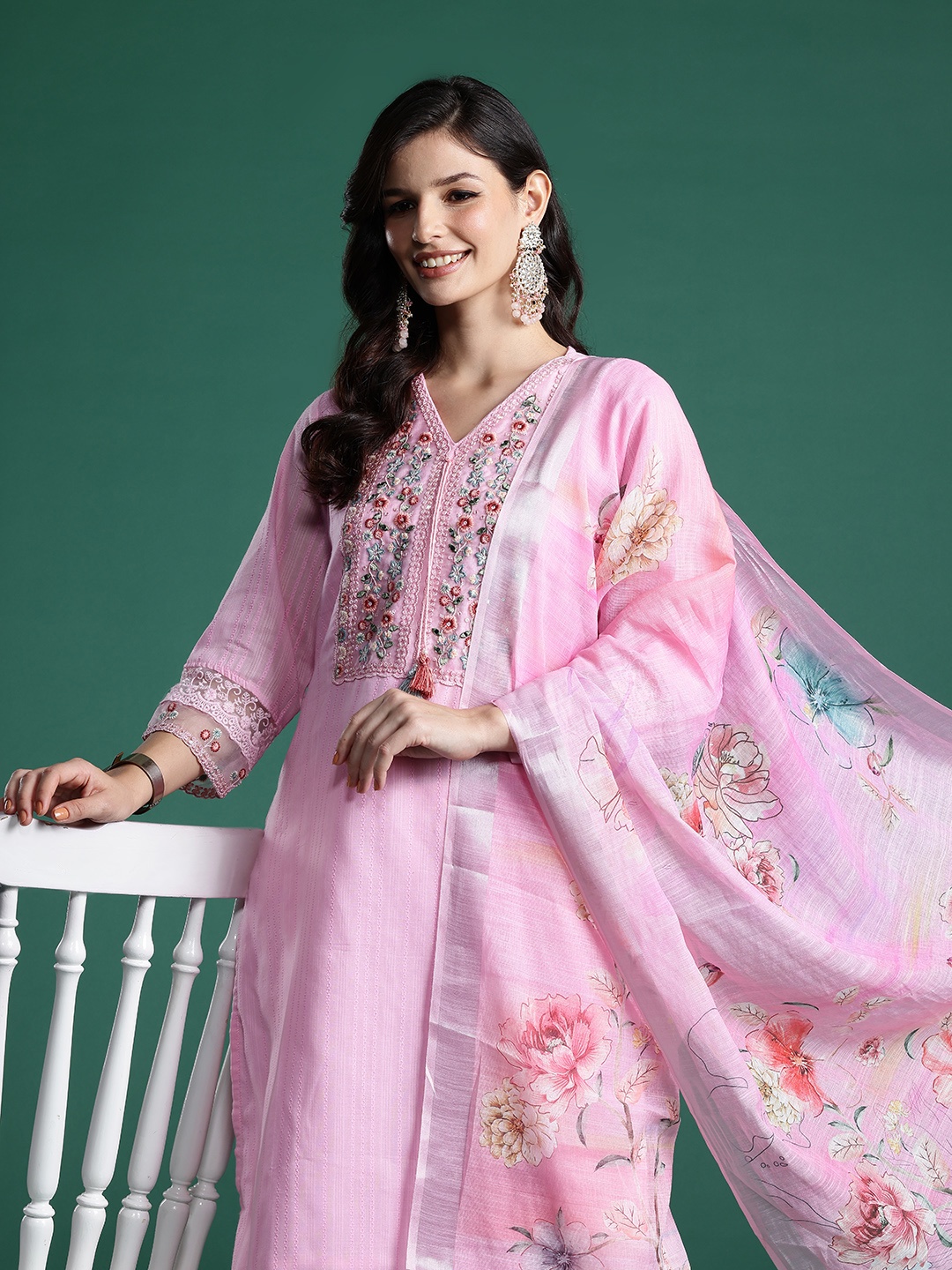 Indo Era Floral Embroidered Sequinned Pure Cotton Kurta With Trousers & Dupatta, Pink
Indo Era Floral Embroidered Sequinned Pure Cotton Kurta With Trousers & Dupatta, Pink