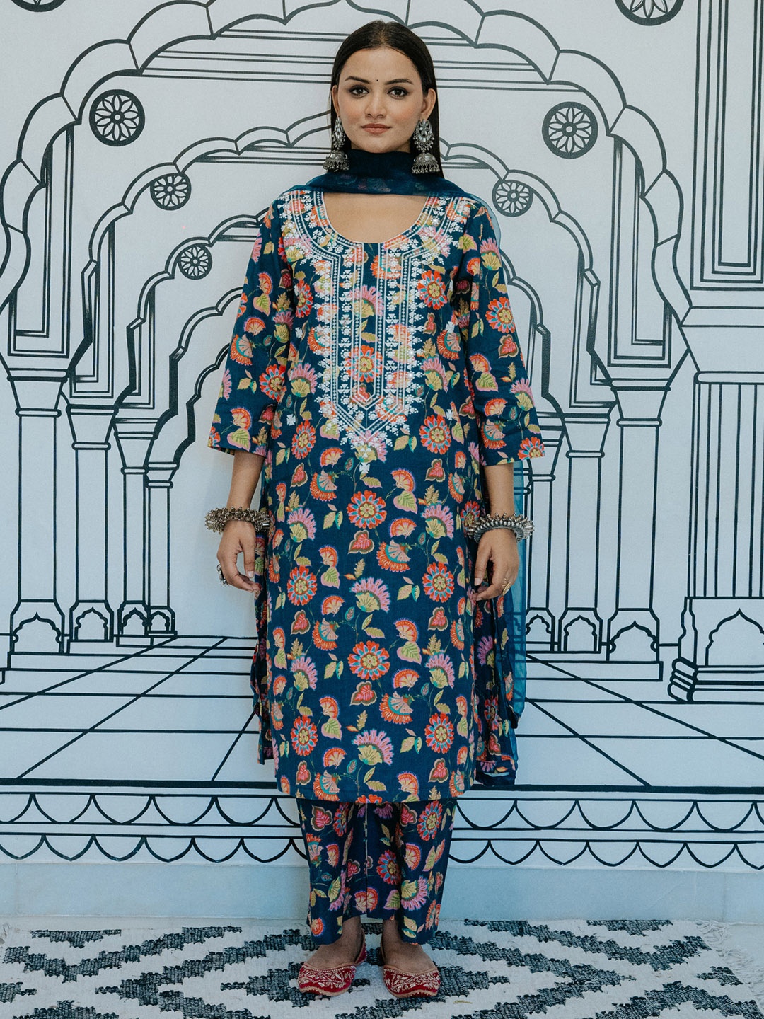 GulaboJaipur Floral Printed Thread Work Pure Cotton Kurta With Pyjamas & Dupatta, Teal
GulaboJaipur Floral Printed Thread Work Pure Cotton Kurta With Pyjamas & Dupatta, Teal