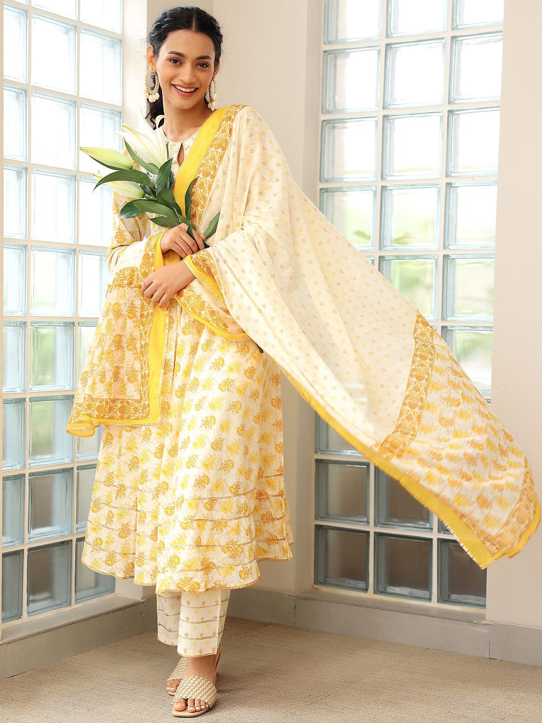 Libas Floral Printed Gotta Patti Pure Cotton Anarkali Kurta with Trousers & Dupatta, Mustard
Libas Floral Printed Gotta Patti Pure Cotton Anarkali Kurta with Trousers & Dupatta, Mustard