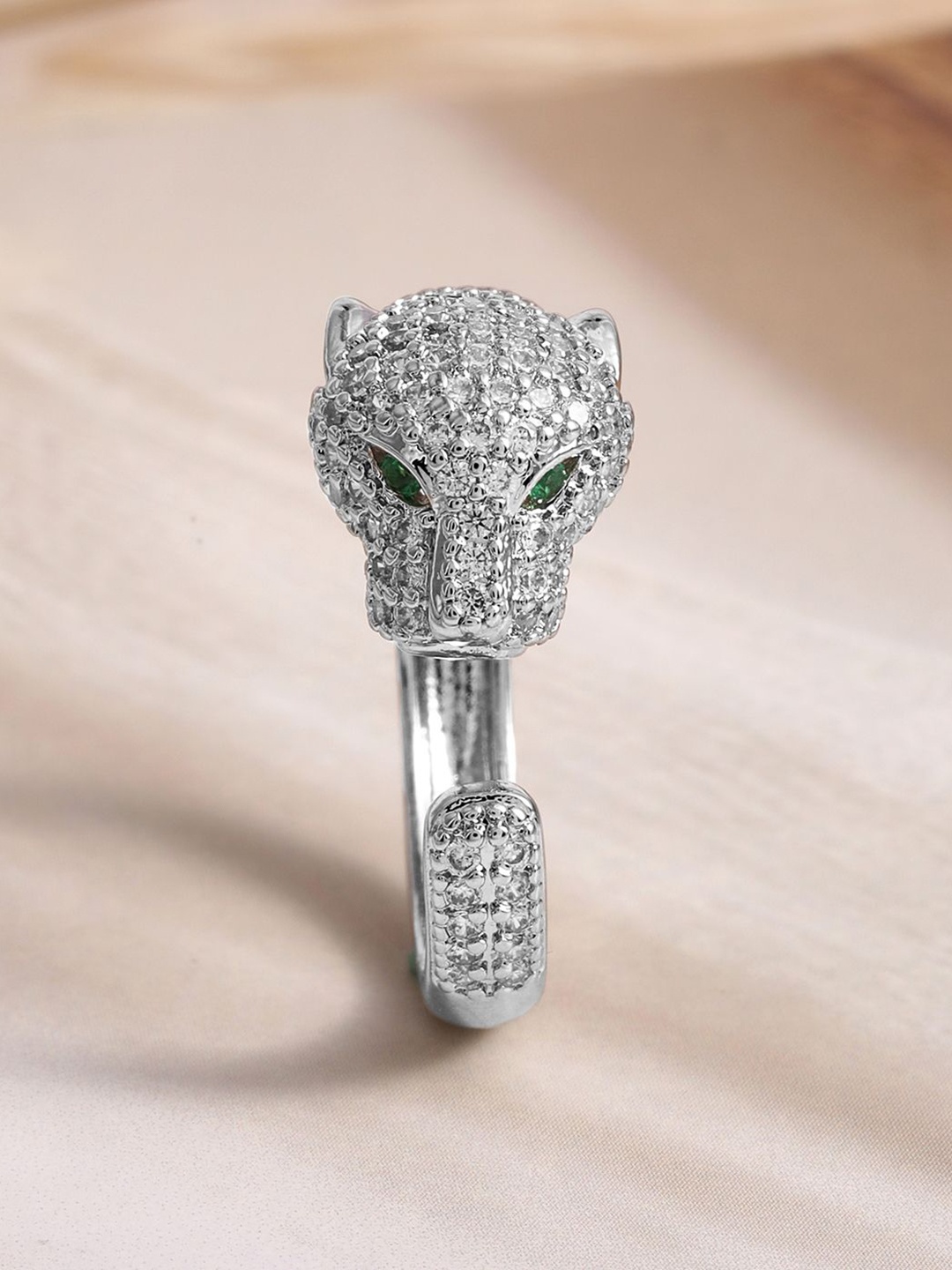 Rubans Rhodium Plated Panther Design Emerald & CubicZirconia Studed Adjustable Finger Ring, Silver
Rubans Rhodium Plated Panther Design Emerald & CubicZirconia Studed Adjustable Finger Ring, Silver