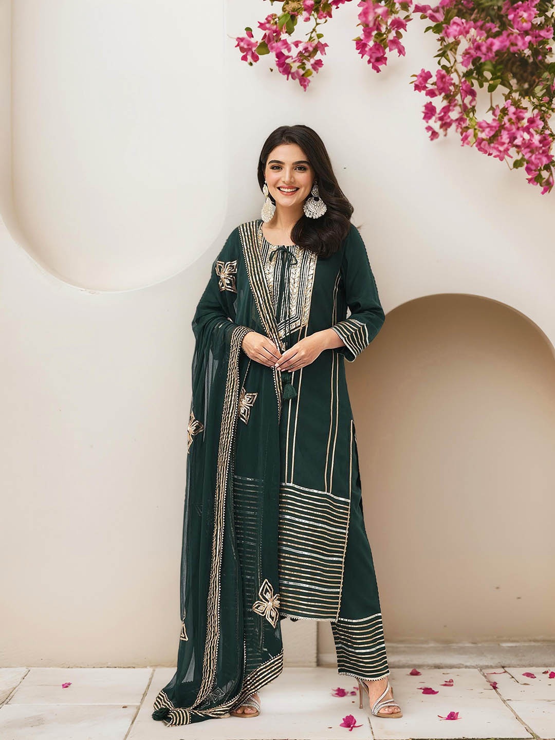 Ishin Striped Embroidered Gotta Patti Pure Cotton Straight Kurta With Trousers & Dupatta, Green
Ishin Striped Embroidered Gotta Patti Pure Cotton Straight Kurta With Trousers & Dupatta, Green
