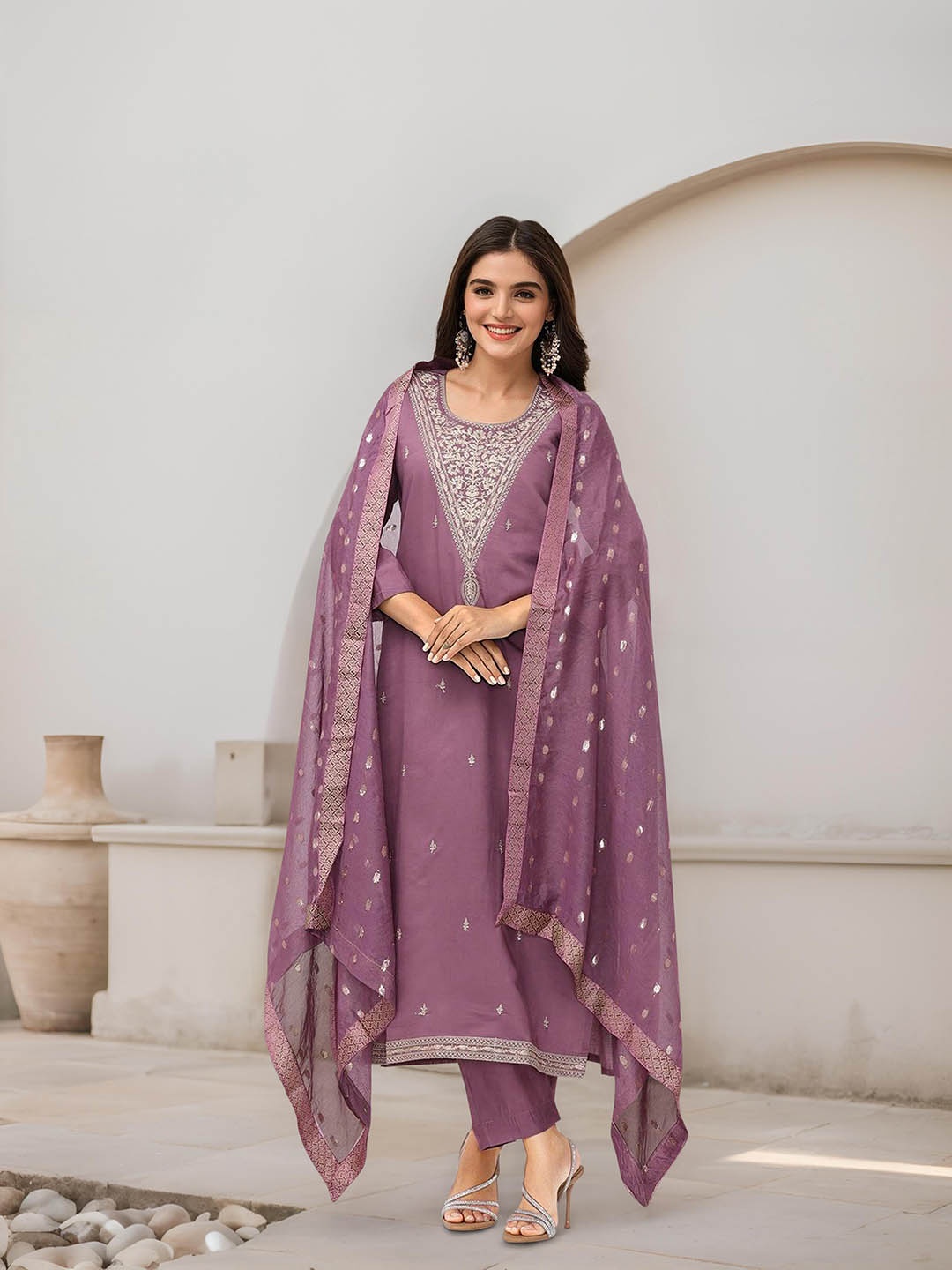 Ishin Ethnic Motifs Embroidered Thread Work Straight Kurta With Trousers & Dupatta, Purple
Ishin Ethnic Motifs Embroidered Thread Work Straight Kurta With Trousers & Dupatta, Purple
