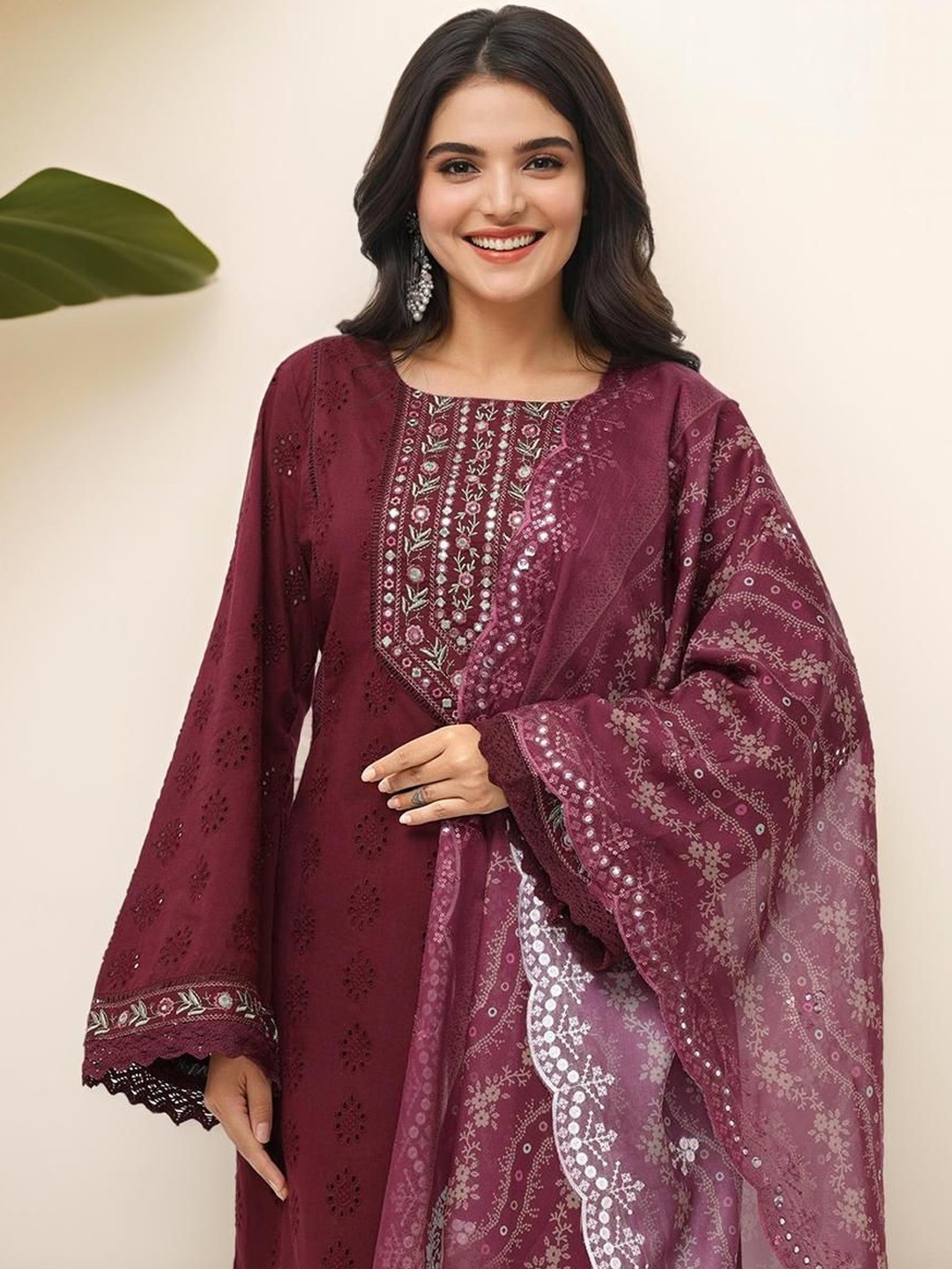 Ishin Ethnic Motifs Embroidered Pure Cotton Straight Kurta with Trousers & Dupatta, Purple
Ishin Ethnic Motifs Embroidered Pure Cotton Straight Kurta with Trousers & Dupatta, Purple