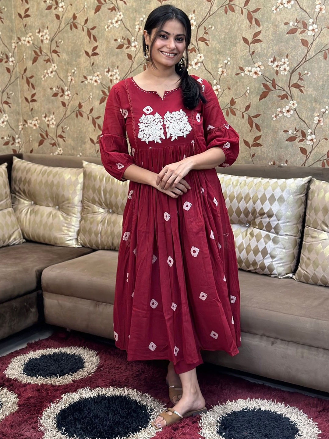 GoSriKi Bandhani Printed Thread Work Puffed Sleeves A-Line Kurta With Trousers, Maroon
GoSriKi Bandhani Printed Thread Work Puffed Sleeves A-Line Kurta With Trousers, Maroon