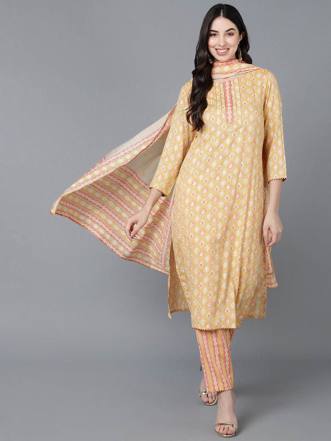 KALINI Ethnic Motifs Printed Pure Cotton Straight Kurta With Trousers & Dupatta, Yellow
KALINI Ethnic Motifs Printed Pure Cotton Straight Kurta With Trousers & Dupatta, Yellow