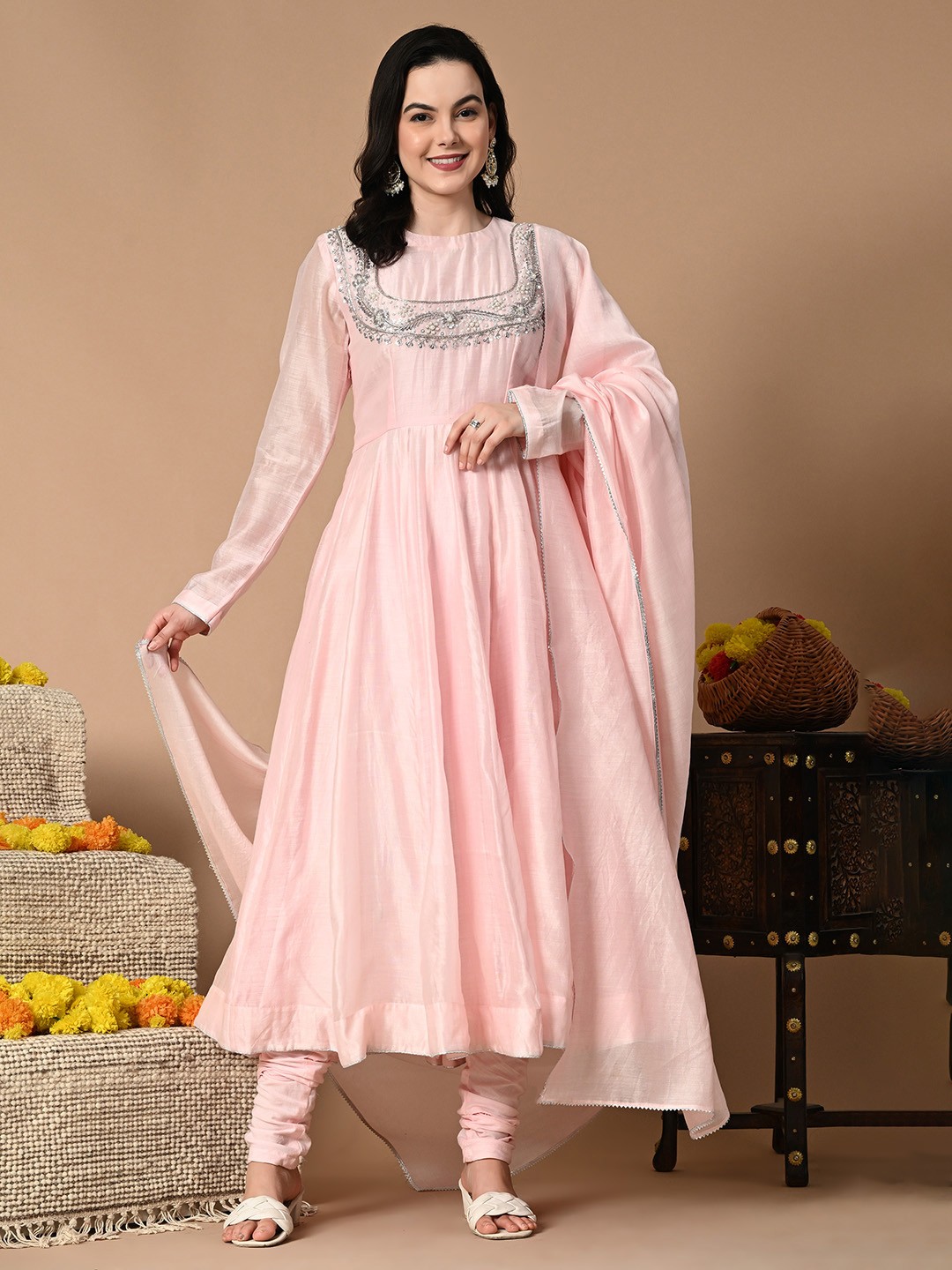 NIRMOK Women Ethnic Motifs Embroidered Pleated Chanderi Silk Kurta with Churidar & With Dupatta, Pink
NIRMOK Women Ethnic Motifs Embroidered Pleated Chanderi Silk Kurta with Churidar & With Dupatta, Pink