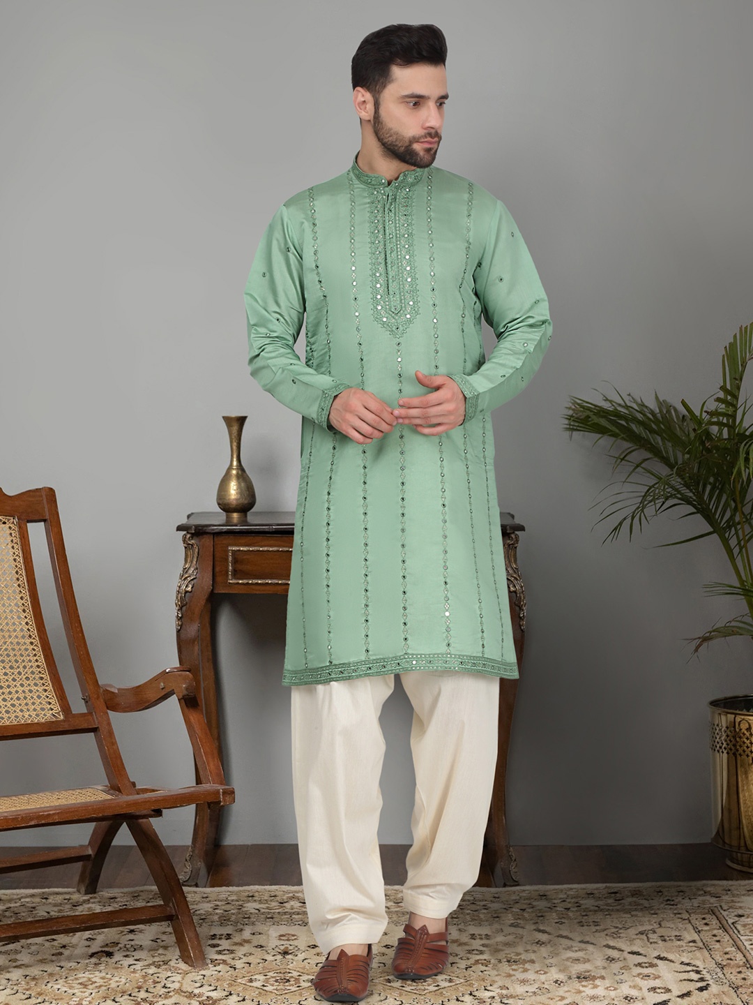 KRAFT INDIA LUXE Ethnic Motifs Embroidered Mirror Work Cotton Silk Straight Kurta & Salwar, Green
KRAFT INDIA LUXE Ethnic Motifs Embroidered Mirror Work Cotton Silk Straight Kurta & Salwar, Green