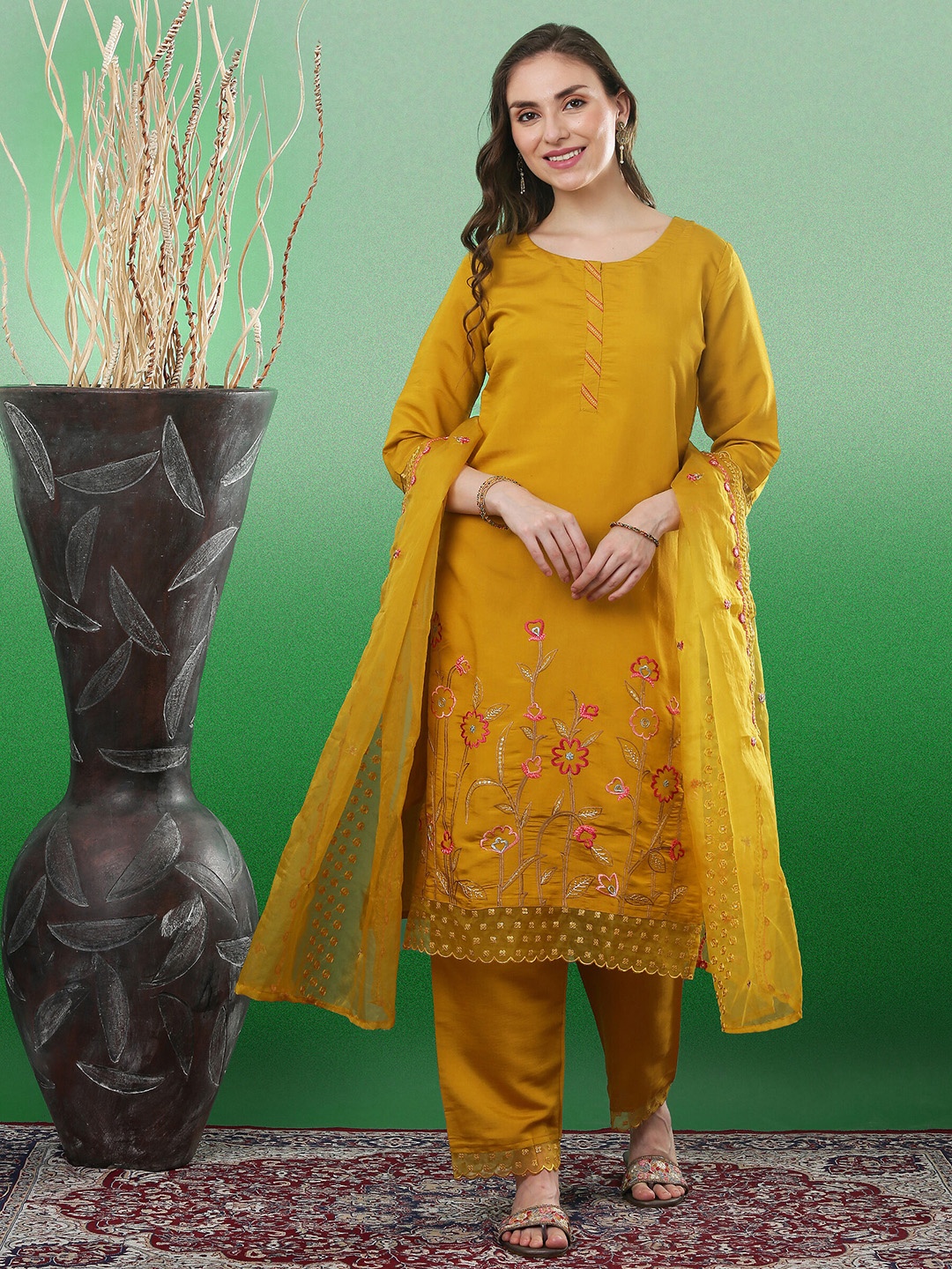 Sangria Floral Embroidered Thread Work Straight Kurta & Trouser With Dupatta, Mustard
Sangria Floral Embroidered Thread Work Straight Kurta & Trouser With Dupatta, Mustard