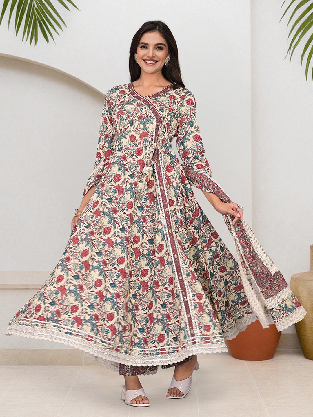 Ishin Floral Printed Angrakha Thread Work Pure Cotton Kurta with Trousers & Dupatta, Cream
Ishin Floral Printed Angrakha Thread Work Pure Cotton Kurta with Trousers & Dupatta, Cream