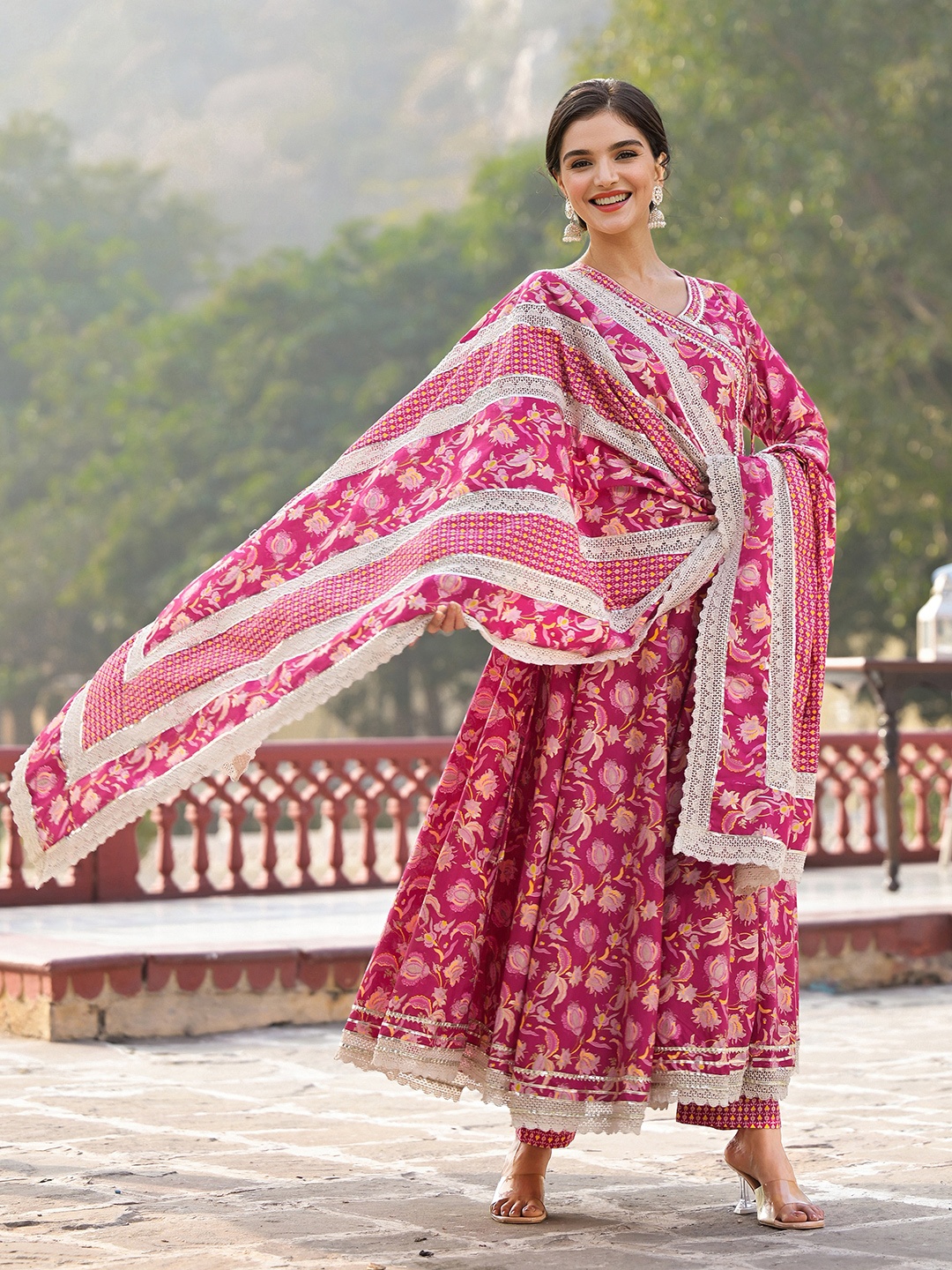 Ishin Floral Printed Angrakha Thread Work Pure Cotton Kurta with Trousers & Dupatta, Pink
Ishin Floral Printed Angrakha Thread Work Pure Cotton Kurta with Trousers & Dupatta, Pink