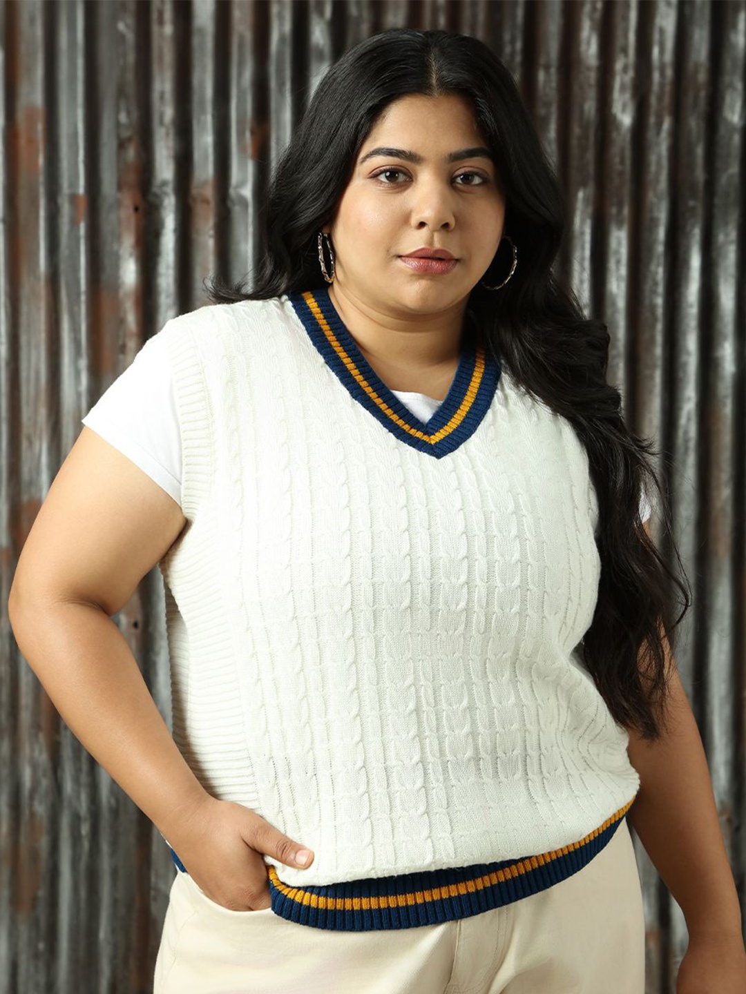 Freeform By High Star Plus Size Cable Knit Light Winters Sleeveless Varsity Sweater Vest, White
Freeform By High Star Plus Size Cable Knit Light Winters Sleeveless Varsity Sweater Vest, White