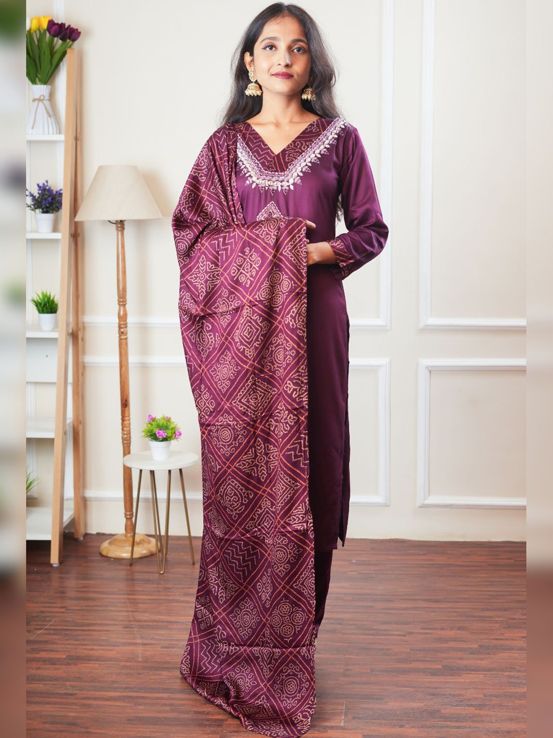 Atha Fashion Bandhani Printed Pure Silk Straight Kurta with Trousers & Dupatta, Maroon
Atha Fashion Bandhani Printed Pure Silk Straight Kurta with Trousers & Dupatta, Maroon