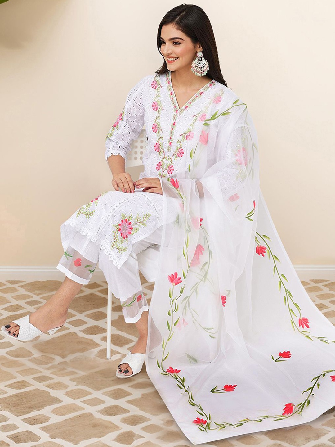 Ishin Floral Embroidered Thread Work Pure Cotton Kurta with Trousers & Dupatta, Off white
Ishin Floral Embroidered Thread Work Pure Cotton Kurta with Trousers & Dupatta, Off white
