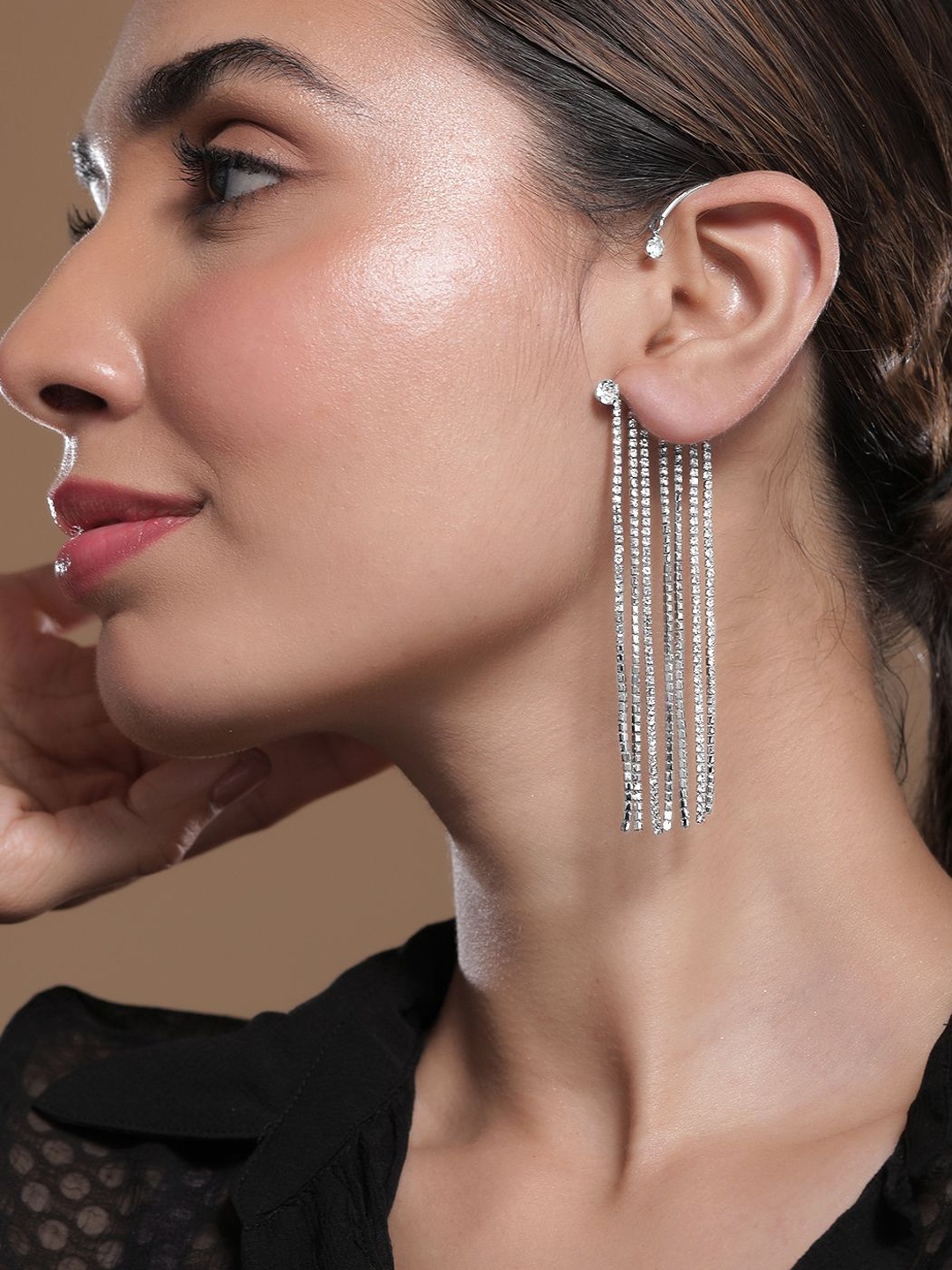 Rubans Rhodium Plated Zirconia Studded Multi-Layered Shoulder Duster Ear Cuff Earrings, Silver
Rubans Rhodium Plated Zirconia Studded Multi-Layered Shoulder Duster Ear Cuff Earrings, Silver