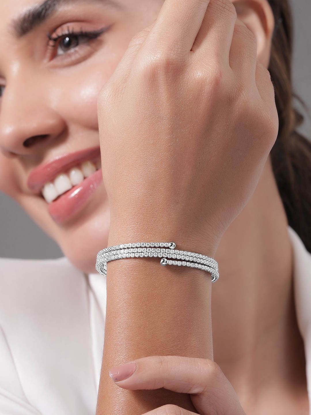 Rubans Rhodium-Plated Cubic Zirconia Studded Triple Line Bangle Style Bracelet, Silver
Rubans Rhodium-Plated Cubic Zirconia Studded Triple Line Bangle Style Bracelet, Silver