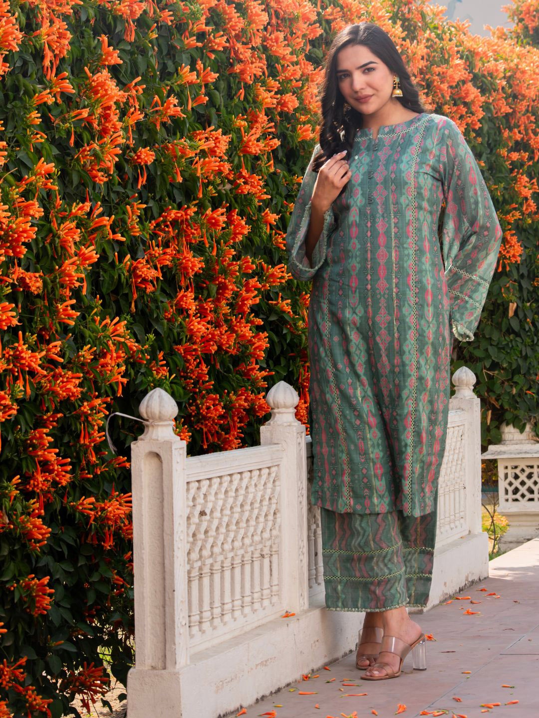 Ruksana Khan Ethnic Motifs Printed Notch Neck Straight Kurta with Trousers & Dupatta, Green
Ruksana Khan Ethnic Motifs Printed Notch Neck Straight Kurta with Trousers & Dupatta, Green