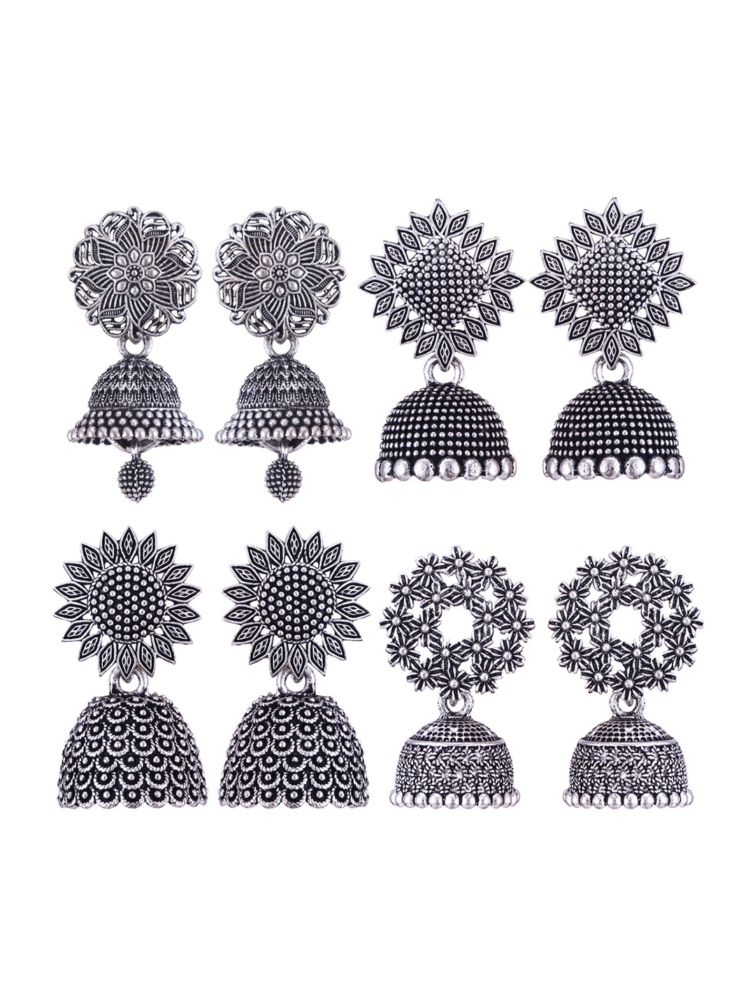 DIVASTRI Set Of 4 Silver-Plated Stone Studded & Beaded Peacock Shaped Oxidised Jhumkas
DIVASTRI Set Of 4 Silver-Plated Stone Studded & Beaded Peacock Shaped Oxidised Jhumkas