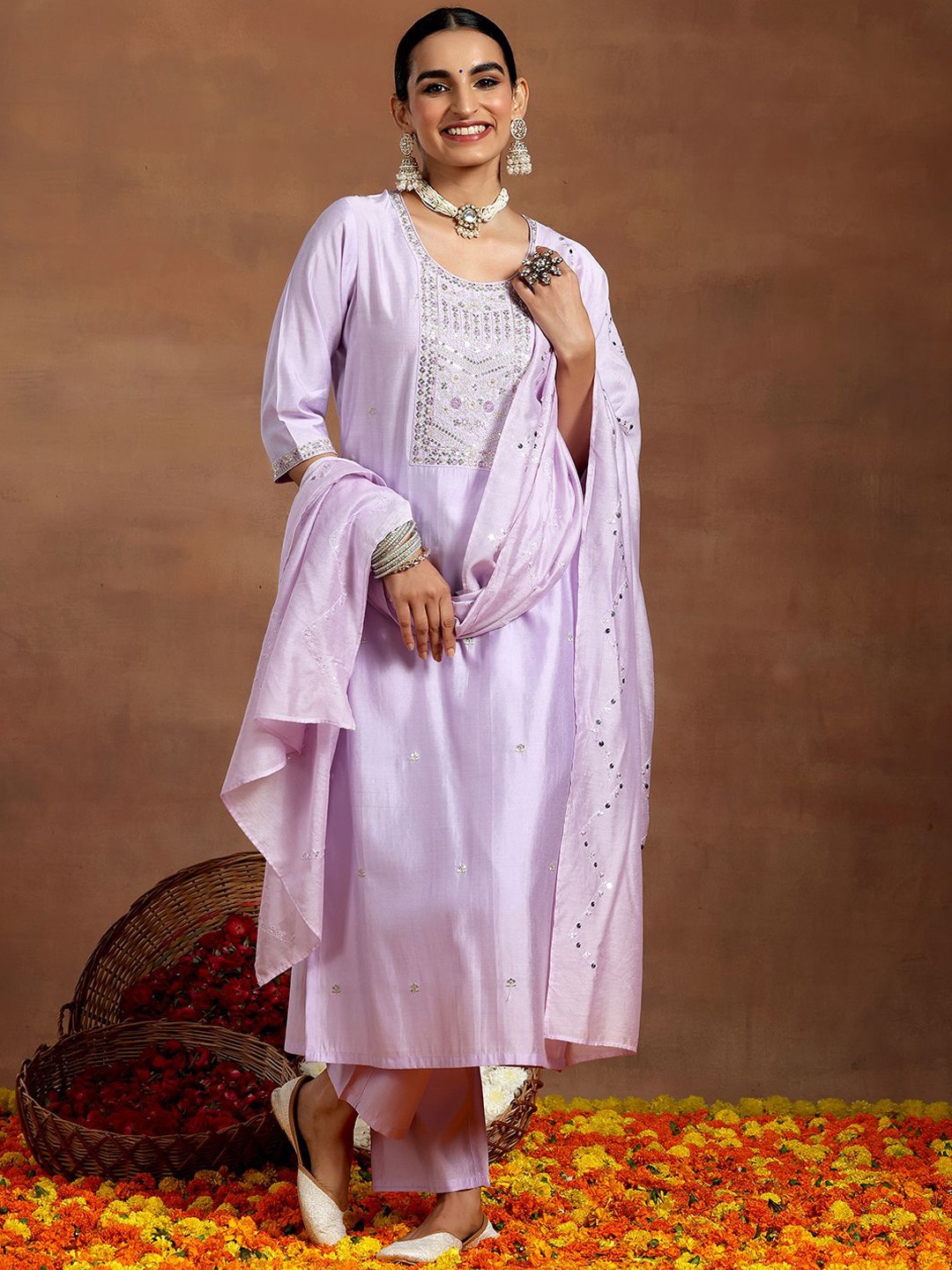 Libas Floral Yoke Design Sequinned Straight Kurta with Trousers & With Dupatta, Lavender
Libas Floral Yoke Design Sequinned Straight Kurta with Trousers & With Dupatta, Lavender