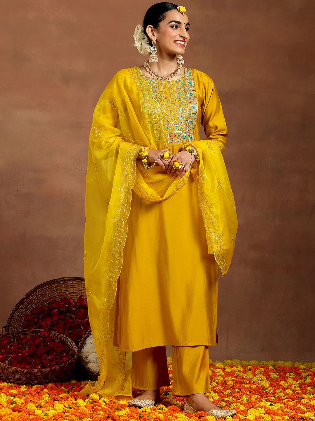 Libas Ethnic Motifs Embroidered Zari Work Straight Kurta With Trouser & Dupatta, Mustard
Libas Ethnic Motifs Embroidered Zari Work Straight Kurta With Trouser & Dupatta, Mustard