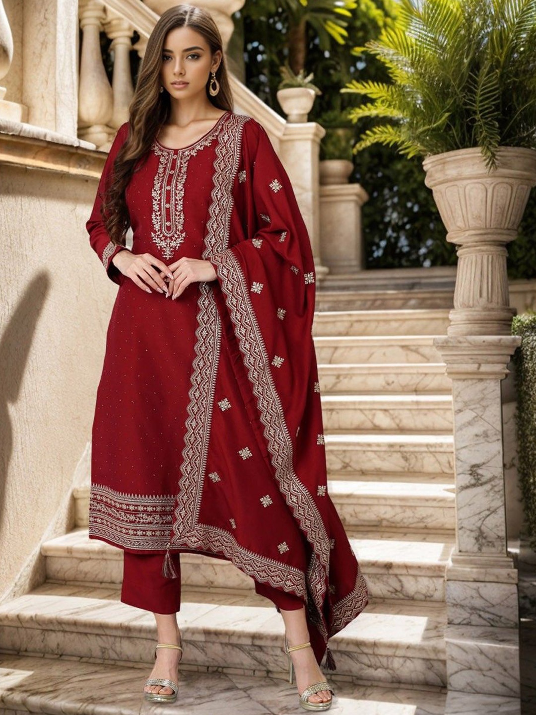 AHIKA Maroon Floral Embroidered Sequinned Straight Kurta with Trousers & With Dupatta
AHIKA Maroon Floral Embroidered Sequinned Straight Kurta with Trousers & With Dupatta