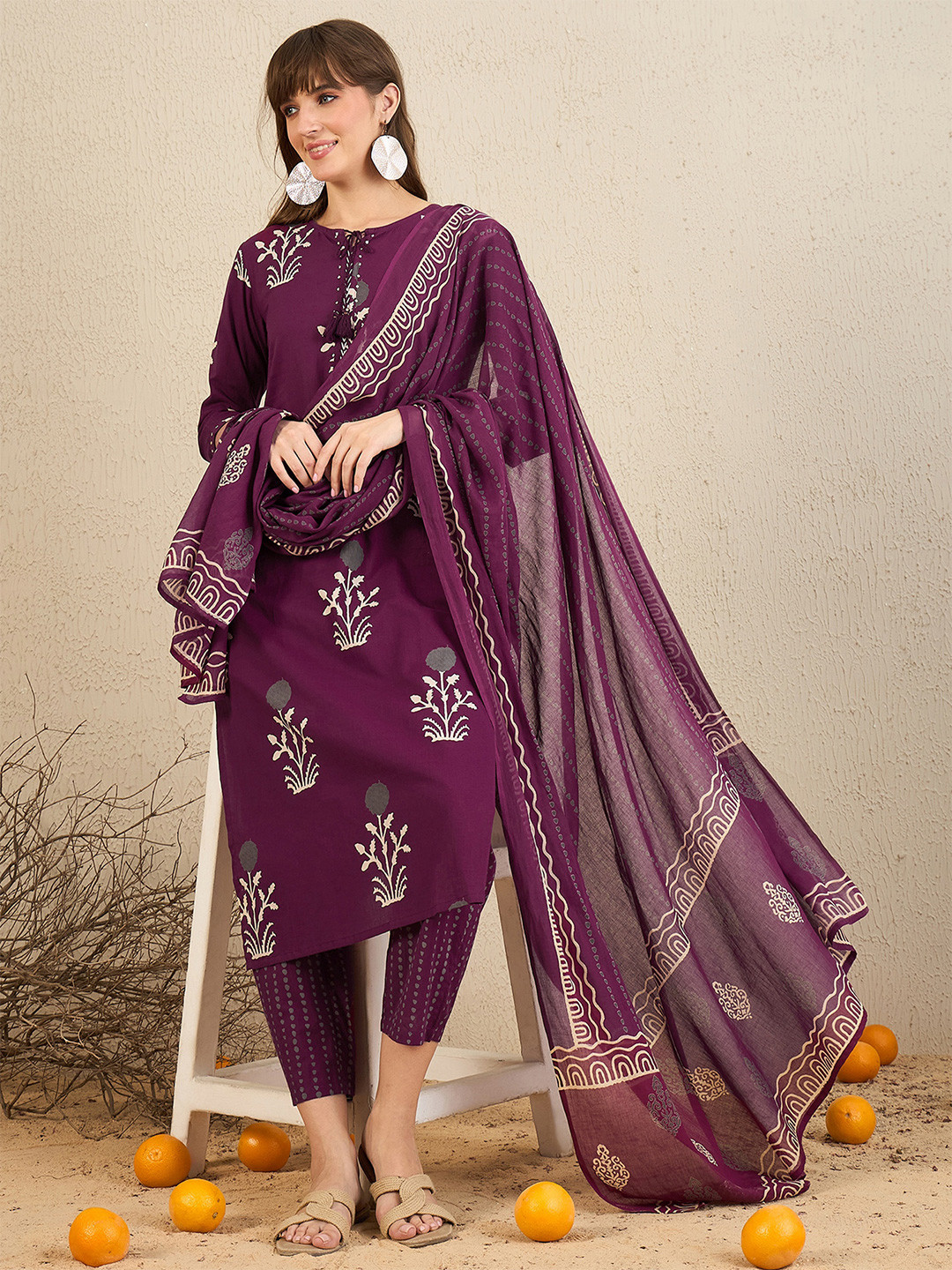 Indo Era Floral Printed Tie-Up Neck Pure Cotton Straight Kurta With Trousers & Dupatta, Burgundy
Indo Era Floral Printed Tie-Up Neck Pure Cotton Straight Kurta With Trousers & Dupatta, Burgundy