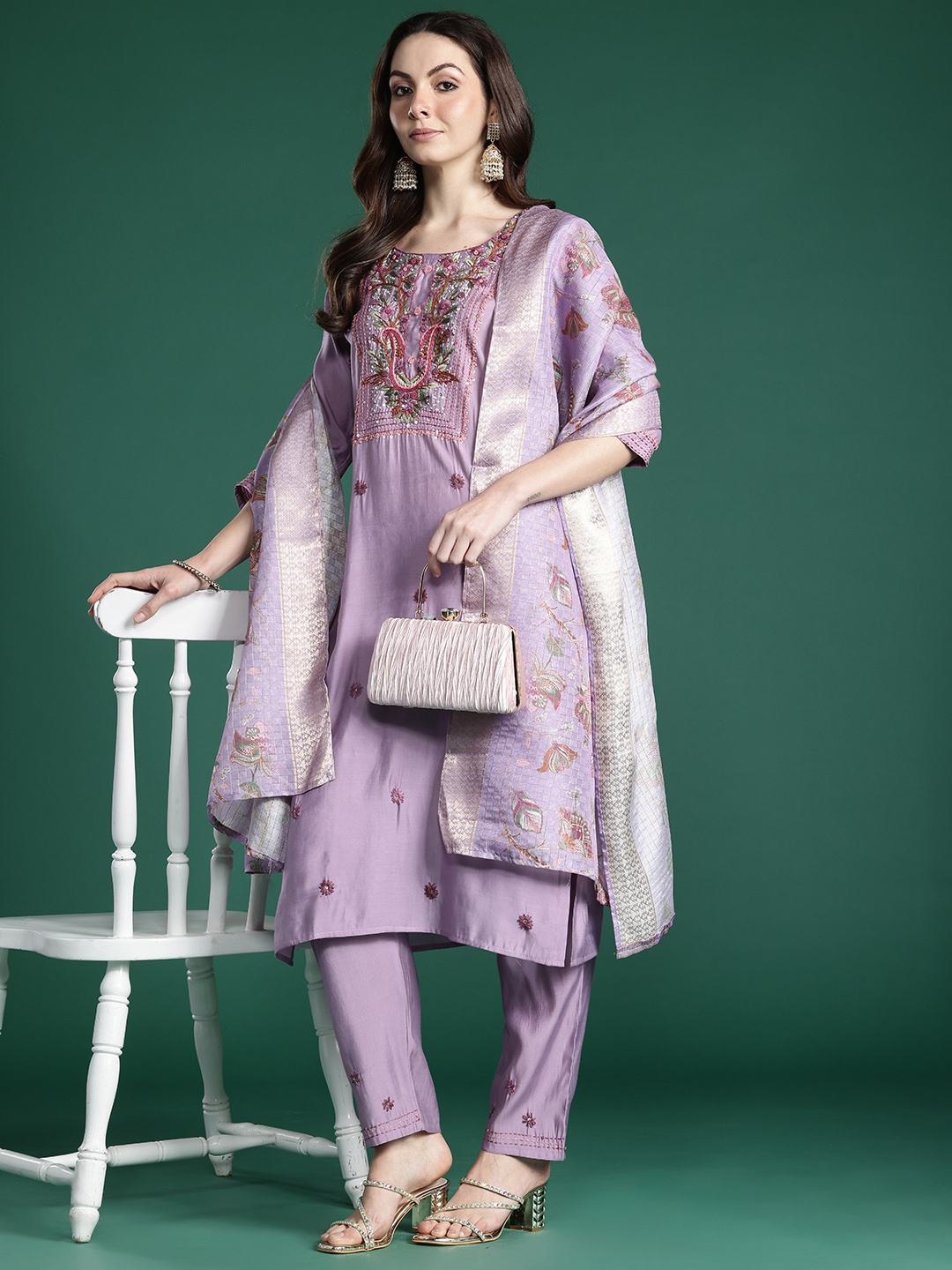 Indo Era Floral Embroidered Thread Work Kurta with Trousers & With Dupatta, Lavender
Indo Era Floral Embroidered Thread Work Kurta with Trousers & With Dupatta, Lavender