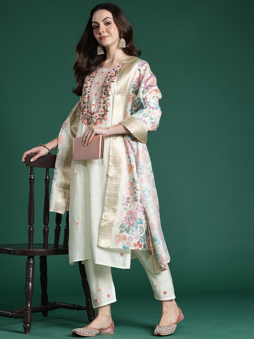 Indo Era Floral Embroidered Thread Work Kurta with Trousers & With Dupatta, Off white
Indo Era Floral Embroidered Thread Work Kurta with Trousers & With Dupatta, Off white