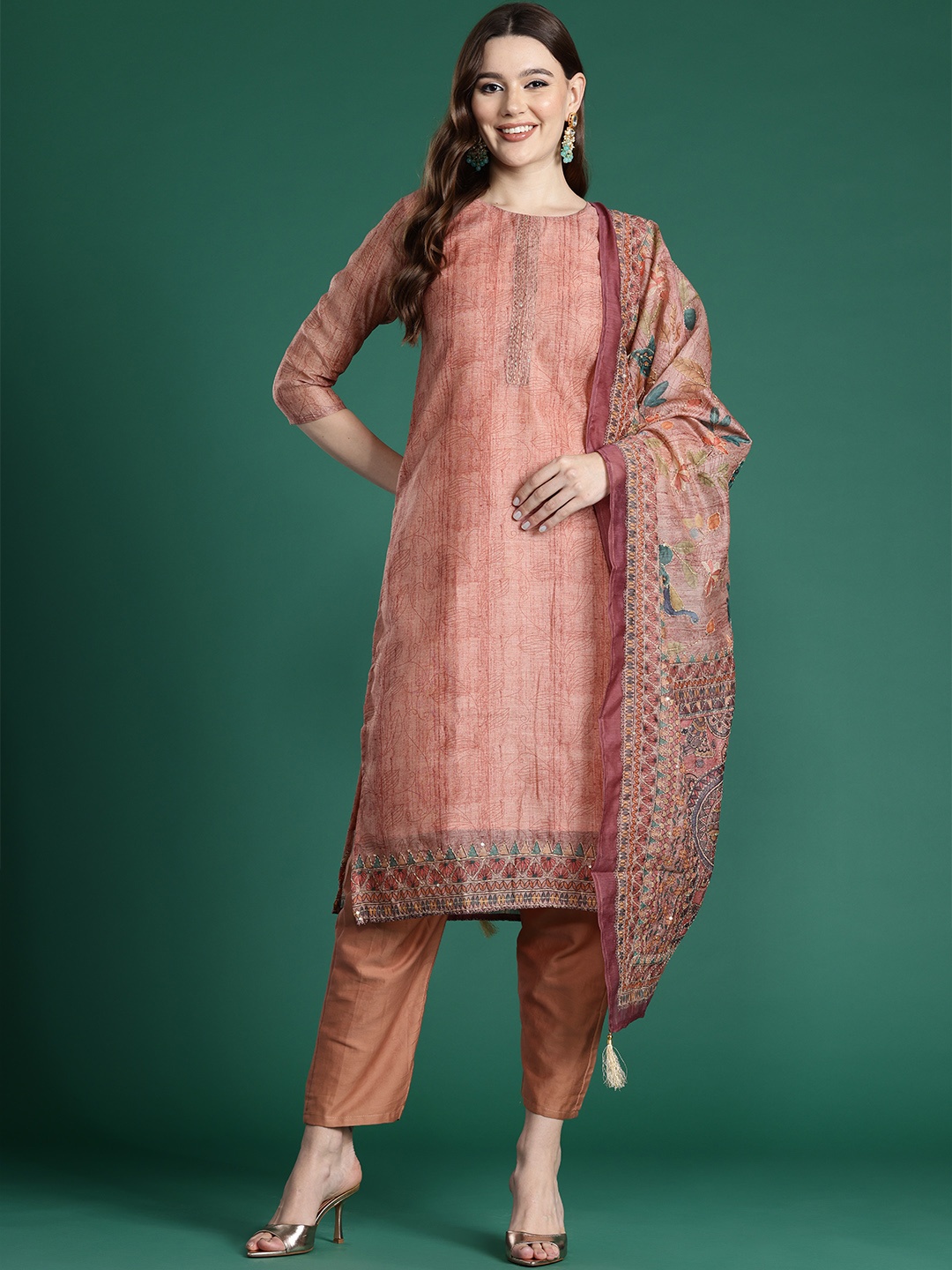 Indo Era Ethnic Motifs Printed Thread Work Chanderi Silk Kurta With Trousers & Dupatta, Rust
Indo Era Ethnic Motifs Printed Thread Work Chanderi Silk Kurta With Trousers & Dupatta, Rust