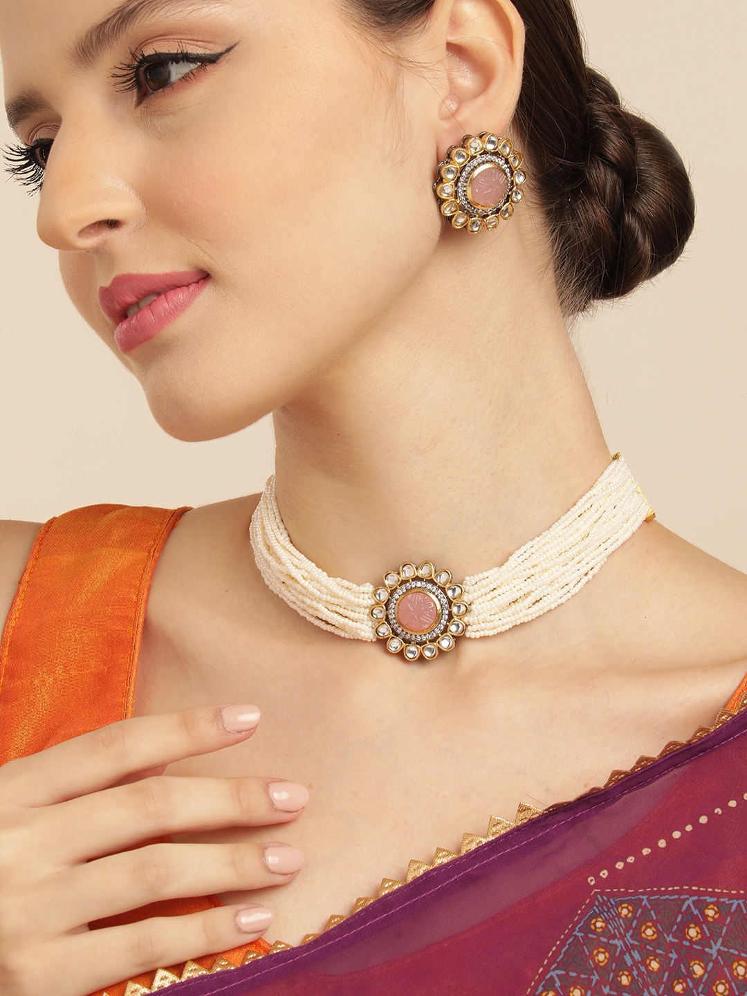 House of Pataudi AD & Kundan Black Tone Monalisa Handmade Premium Chokar Necklace Set, Pink
House of Pataudi AD & Kundan Black Tone Monalisa Handmade Premium Chokar Necklace Set, Pink