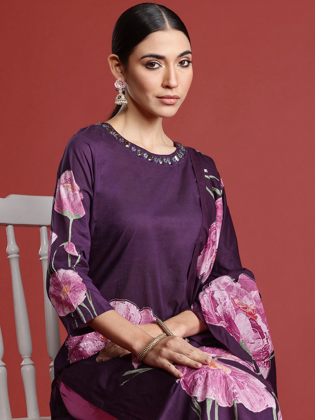 Indo Era Women Floral Printed Pure Cotton Kurta with Trousers & With Dupatta, Burgundy
Indo Era Women Floral Printed Pure Cotton Kurta with Trousers & With Dupatta, Burgundy