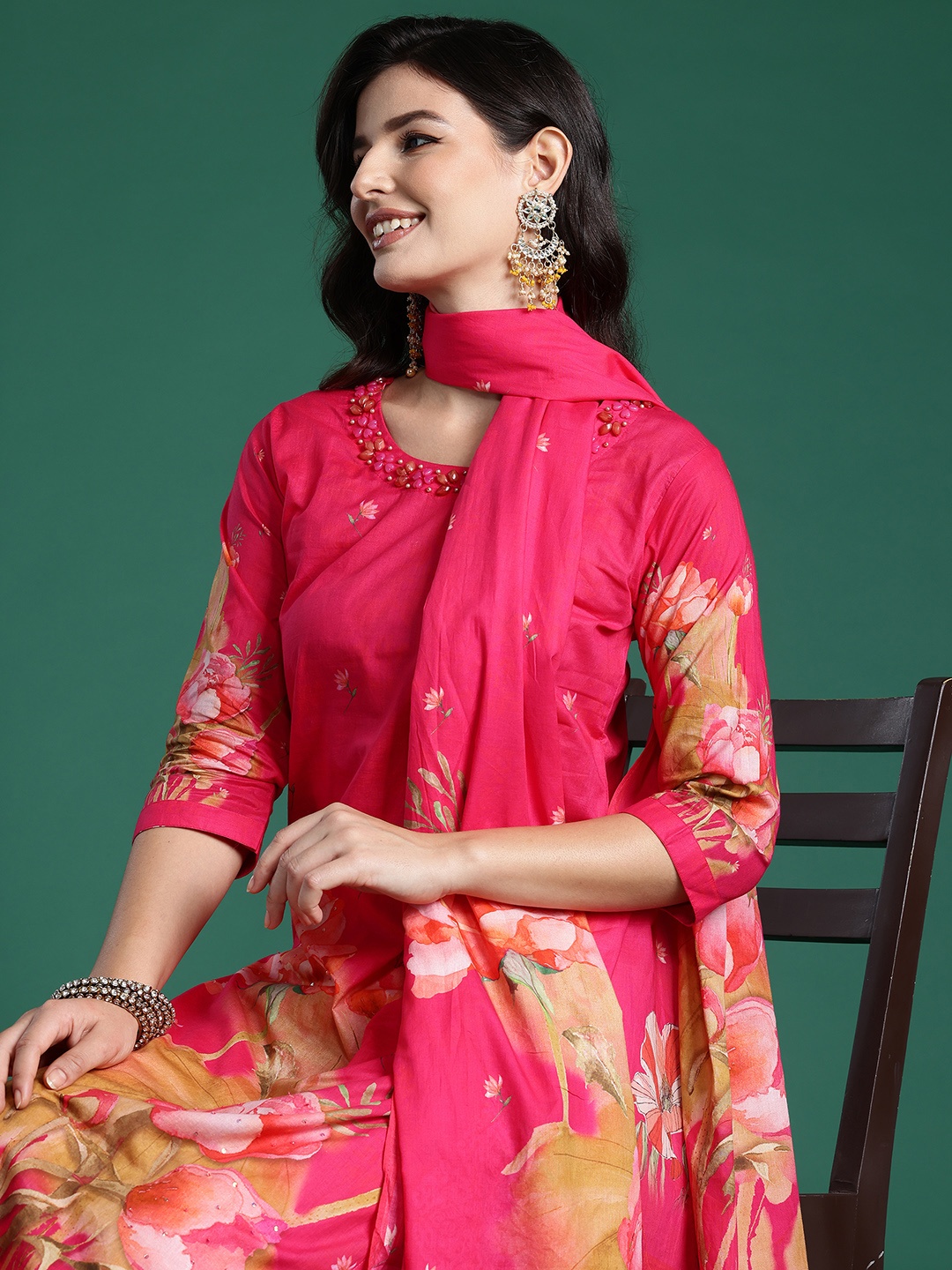 Indo Era Floral Printed Beads & Stones Pure Cotton Kurta With Trousers & Dupatta, Pink
Indo Era Floral Printed Beads & Stones Pure Cotton Kurta With Trousers & Dupatta, Pink