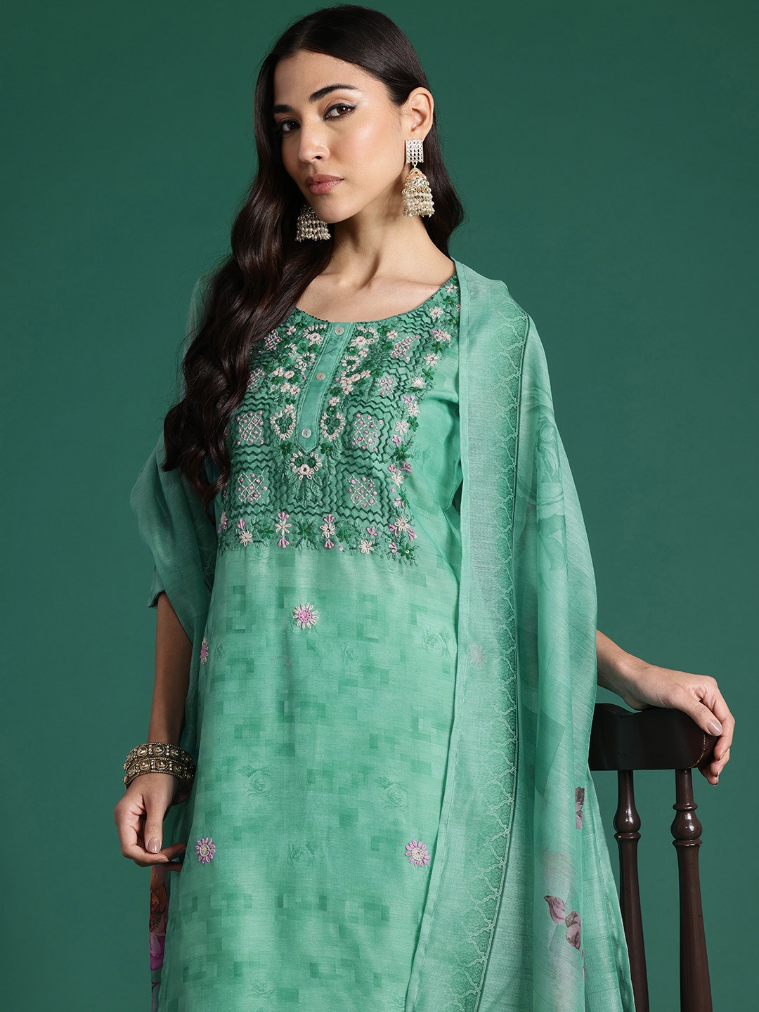 Indo Era Floral Printed Thread Work Chanderi Silk Kurta with Trousers & Dupatta, Sea green
Indo Era Floral Printed Thread Work Chanderi Silk Kurta with Trousers & Dupatta, Sea green