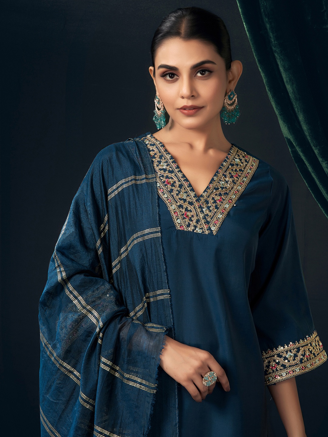 KALINI Floral Embroidered V-Neck Sequinned Chanderi Silk Kurta with Palazzo & Dupatta, Navy blue
KALINI Floral Embroidered V-Neck Sequinned Chanderi Silk Kurta with Palazzo & Dupatta, Navy blue
