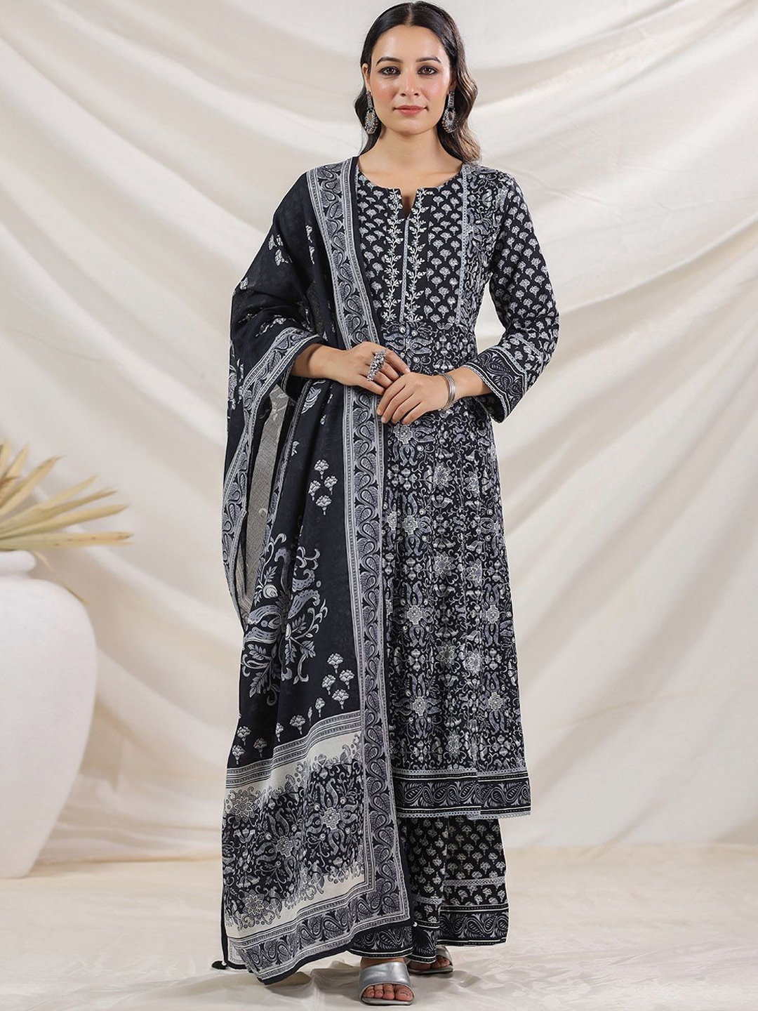 Meena Bazaar Floral Printed Mirror Work Anarkali Kurta With Palazzos & Dupatta, Black
Meena Bazaar Floral Printed Mirror Work Anarkali Kurta With Palazzos & Dupatta, Black