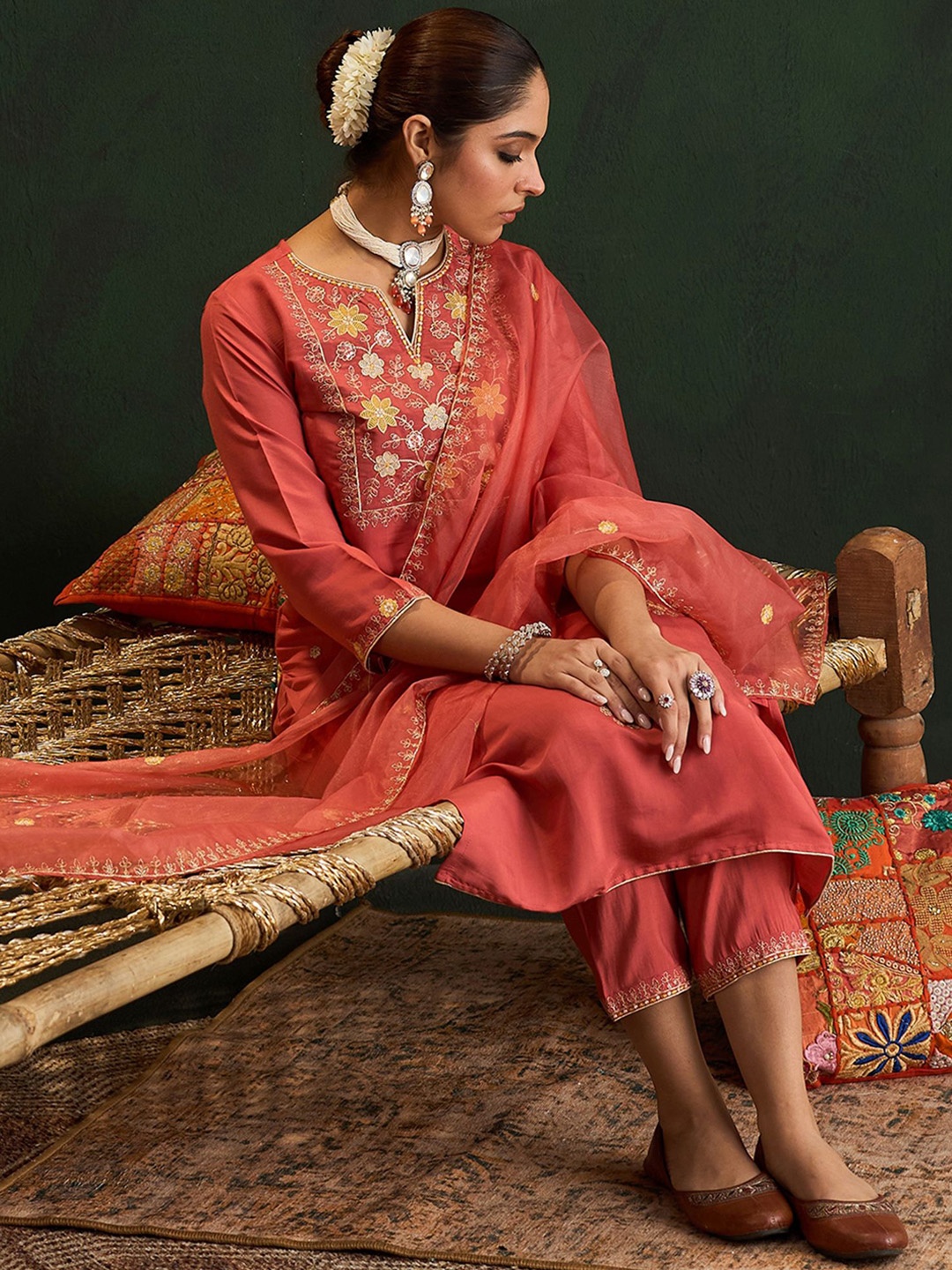 Indo Era Women Floral Embroidered Regular Thread Work Kurta with Trousers & With Dupatta, Orange
Indo Era Women Floral Embroidered Regular Thread Work Kurta with Trousers & With Dupatta, Orange