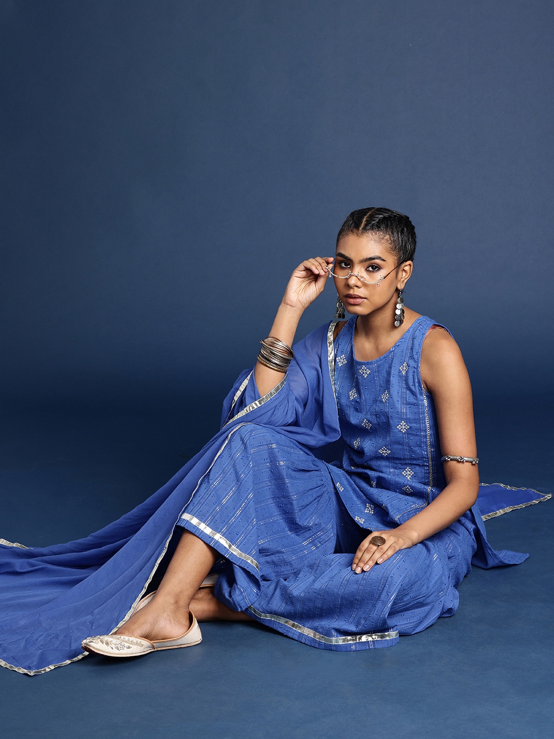 Taavi Festive Ethnic Motifs Thread Work Dobby Pure Cotton Kurta with Sharara & Dupatta, Blue
Taavi Festive Ethnic Motifs Thread Work Dobby Pure Cotton Kurta with Sharara & Dupatta, Blue