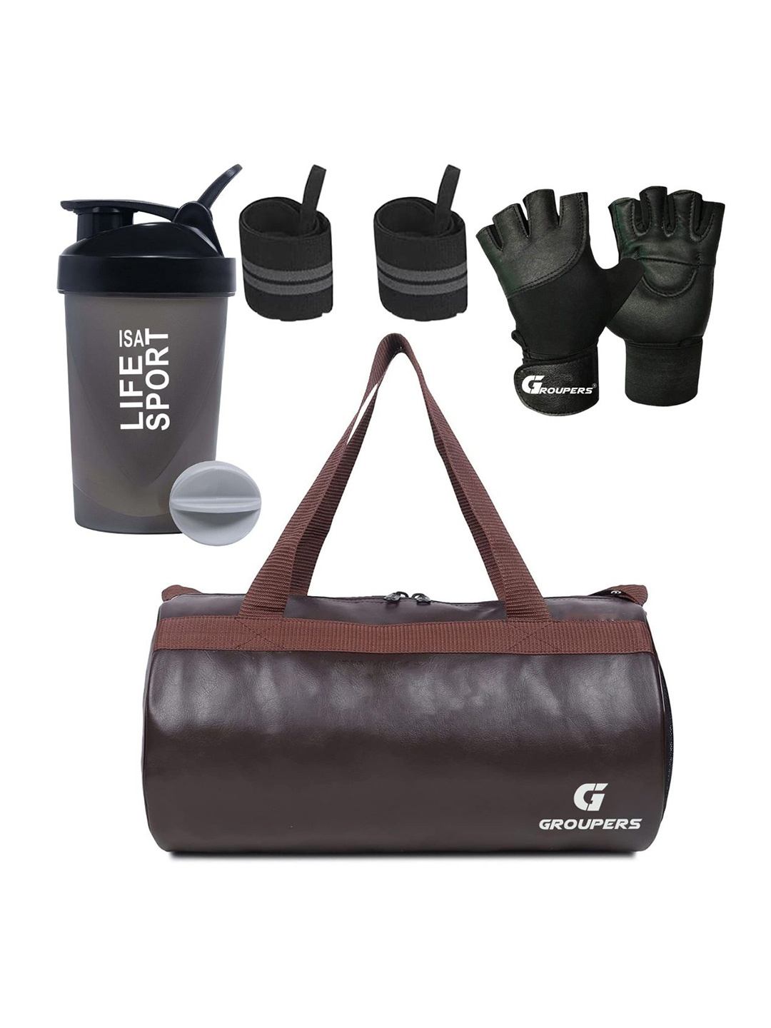 GROUPERS Printed Foldable Gym Duffel Bag with Gloves Wrist Band & Shaker Bottle-400ml, Brown
GROUPERS Printed Foldable Gym Duffel Bag with Gloves Wrist Band & Shaker Bottle-400ml, Brown