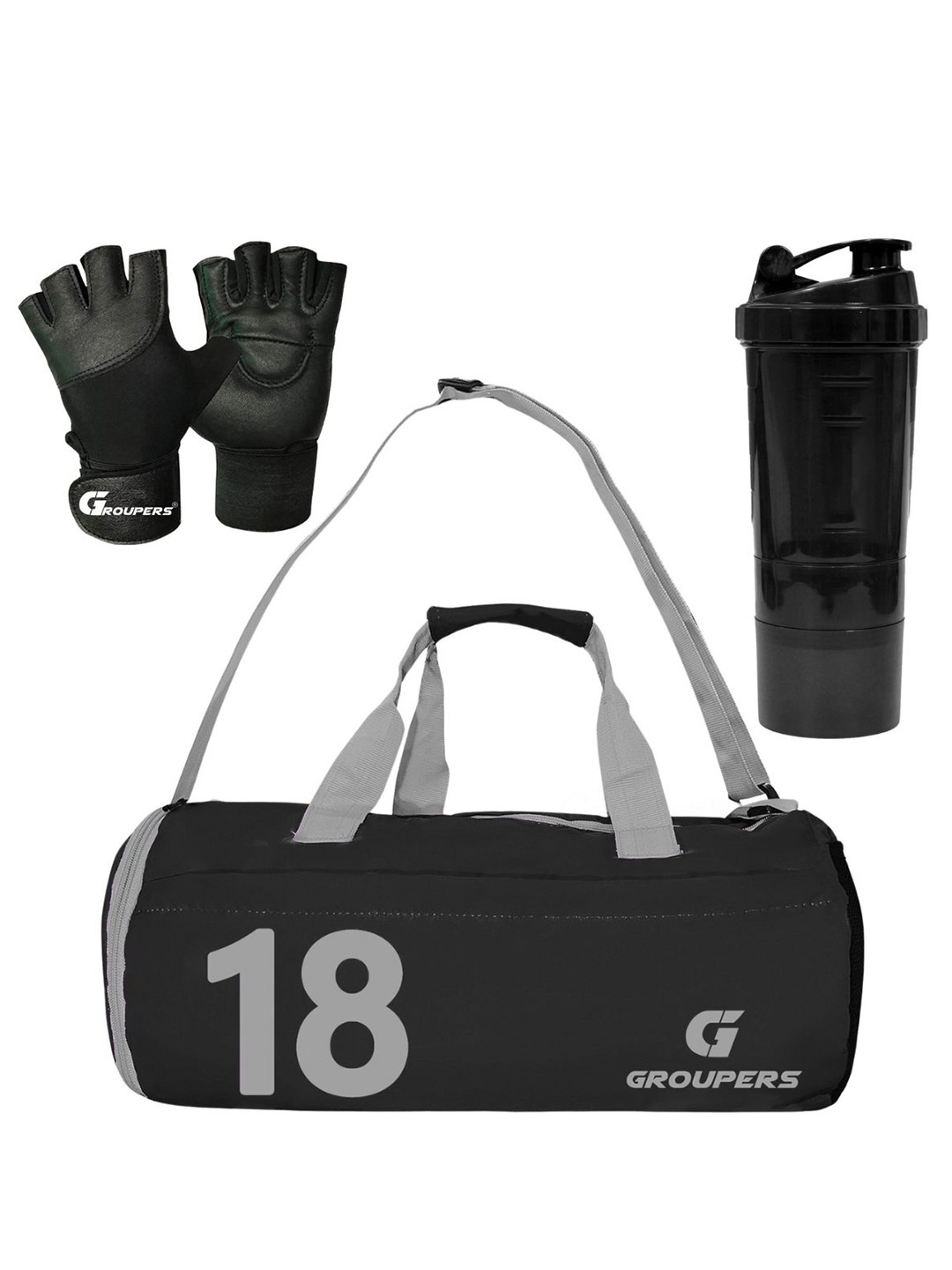 GROUPERS Printed Foldable Sports or Gym Duffel Bag with Shaker Bottle-500ml & Gloves, Black
GROUPERS Printed Foldable Sports or Gym Duffel Bag with Shaker Bottle-500ml & Gloves, Black