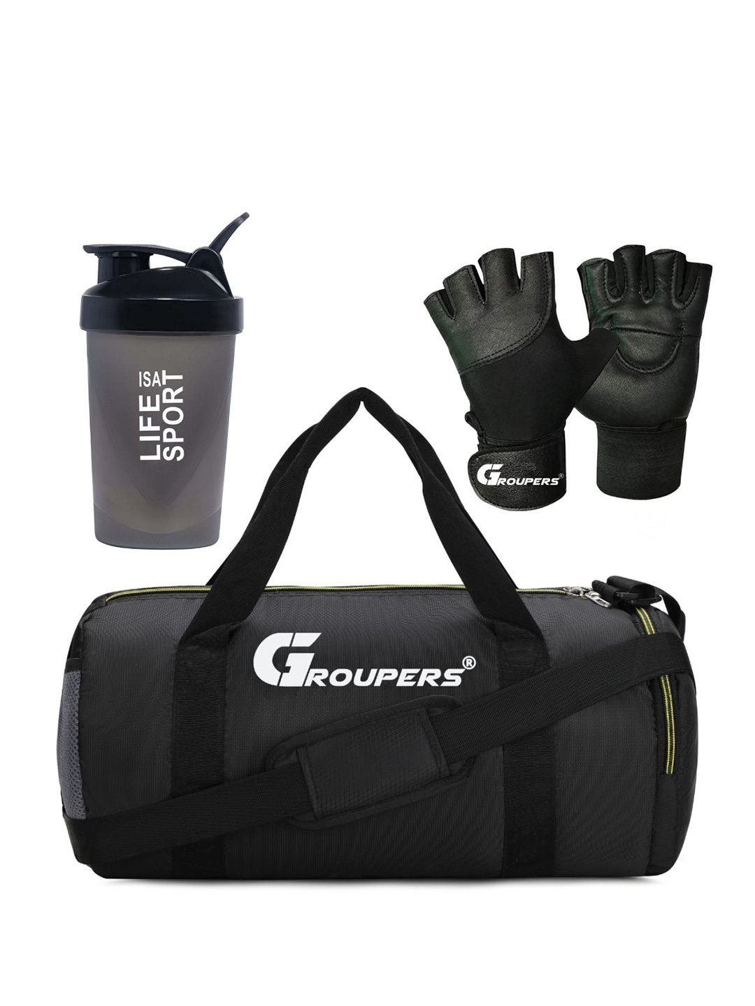GROUPERS Printed Foldable Sports or Gym Duffel Bag With Gloves & Shaker Bottle -500 ML, Black
GROUPERS Printed Foldable Sports or Gym Duffel Bag With Gloves & Shaker Bottle -500 ML, Black