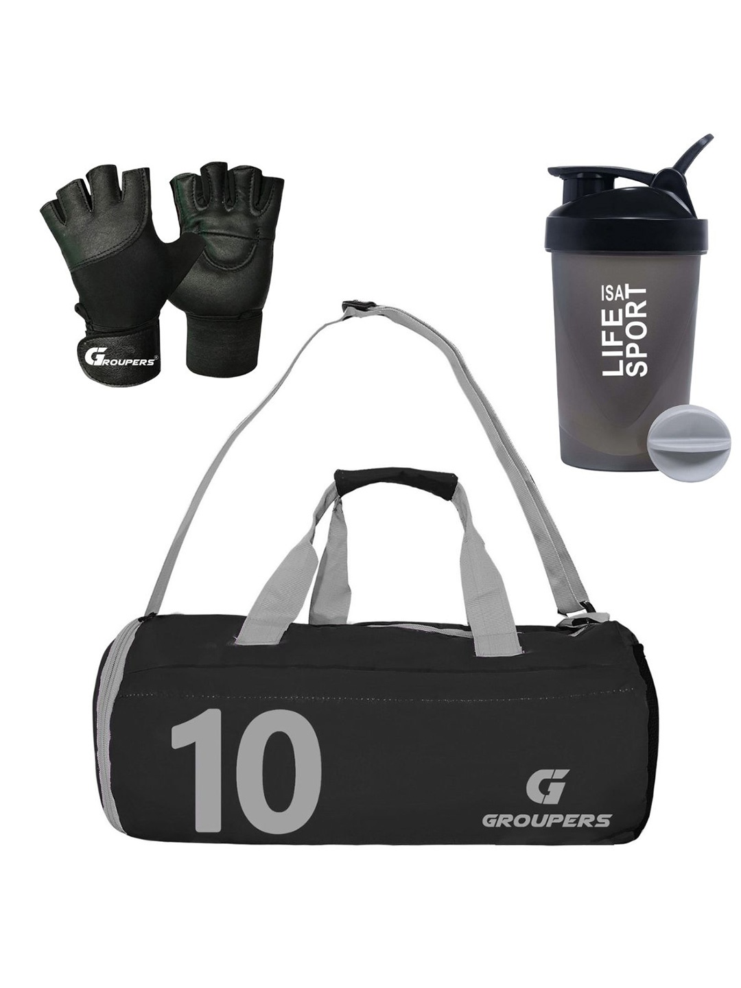 GROUPERS Printed Foldable Sports or Gym Duffel Bag with Shaker Bottle-400ml & Gloves, Black
GROUPERS Printed Foldable Sports or Gym Duffel Bag with Shaker Bottle-400ml & Gloves, Black