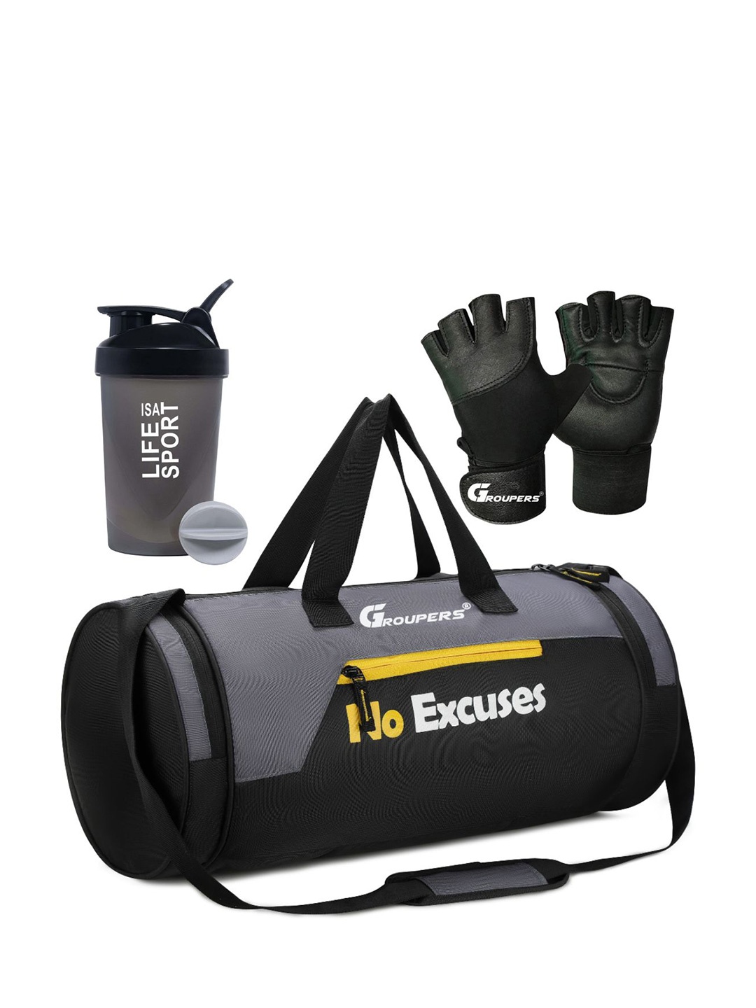 GROUPERS Printed Foldable Sports or Gym Duffel Bag With Gloves & Shaker Bottle-500 ML, Black
GROUPERS Printed Foldable Sports or Gym Duffel Bag With Gloves & Shaker Bottle-500 ML, Black