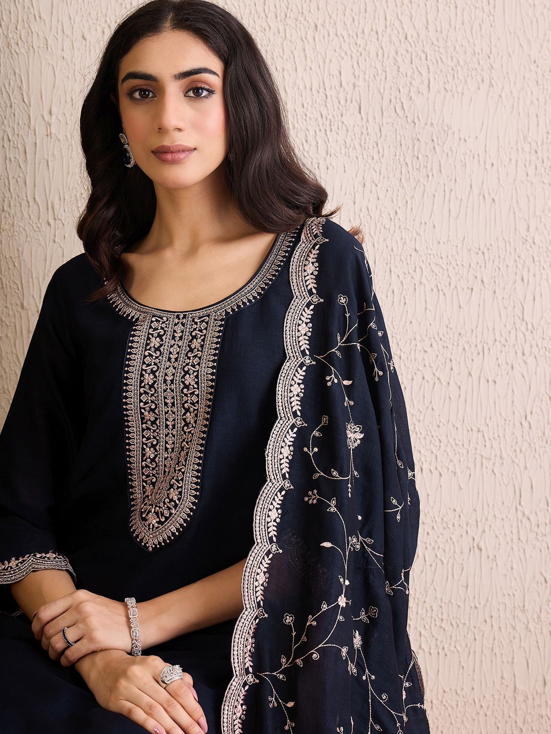 Indo Era Women Ethnic Motifs Embroidered Regular Sequinned Kurta with Trousers & With Dupatta, Navy blue
Indo Era Women Ethnic Motifs Embroidered Regular Sequinned Kurta with Trousers & With Dupatta, Navy blue