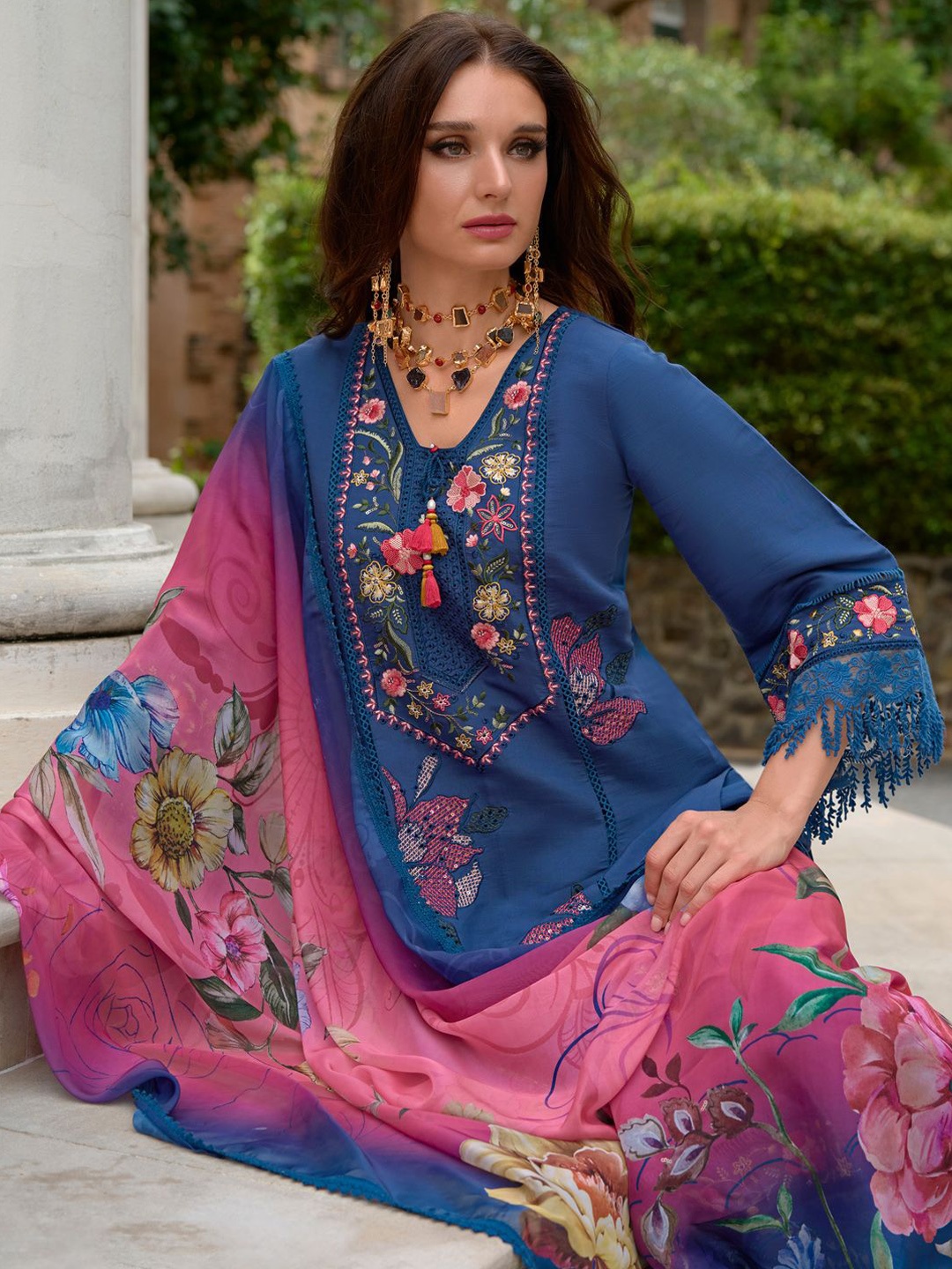 Indo Era Women Floral Embroidered Panelled Thread Work Pure Silk Kurta with Trousers & With Dupatta, Blue
Indo Era Women Floral Embroidered Panelled Thread Work Pure Silk Kurta with Trousers & With Dupatta, Blue