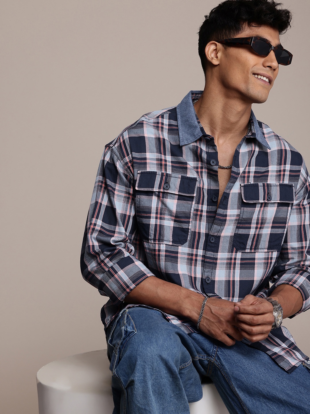 WROGN Pure Cotton Tartan Checks Drop-Shoulder Sleeves Oversized Casual Shirt, Navy blue
WROGN Pure Cotton Tartan Checks Drop-Shoulder Sleeves Oversized Casual Shirt, Navy blue