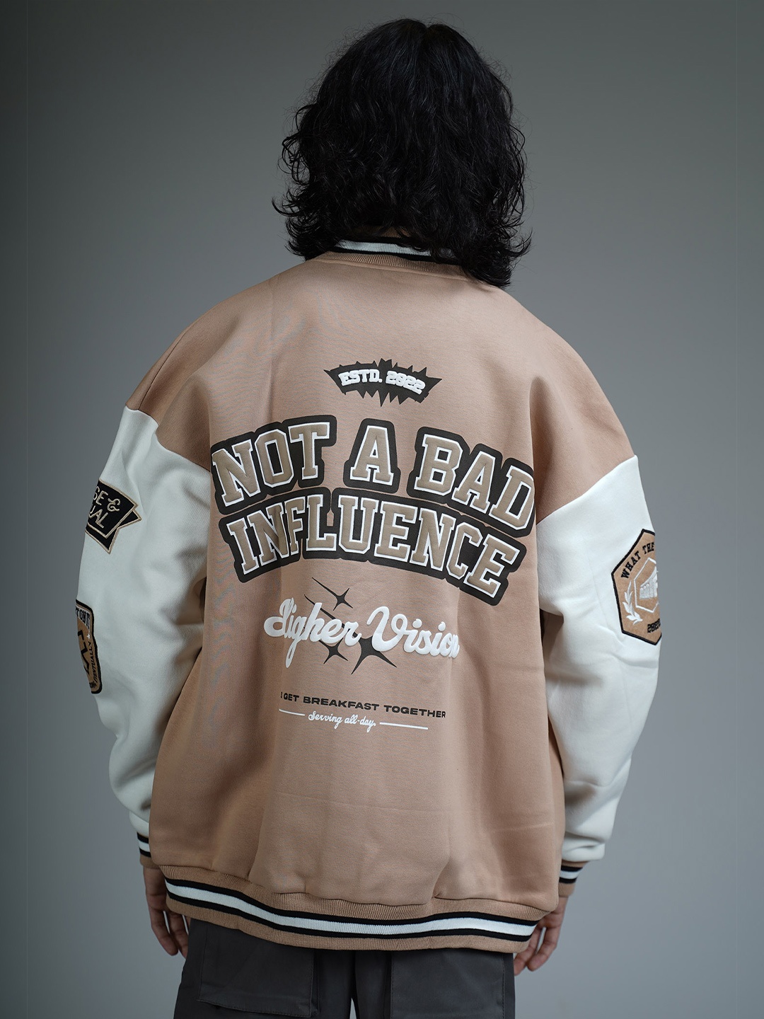 WHAT THE FLEX NOT A BAD INFLUENCE Unisex Typography Printed Mandarin Collar Varsity Jacket, Beige
WHAT THE FLEX NOT A BAD INFLUENCE Unisex Typography Printed Mandarin Collar Varsity Jacket, Beige