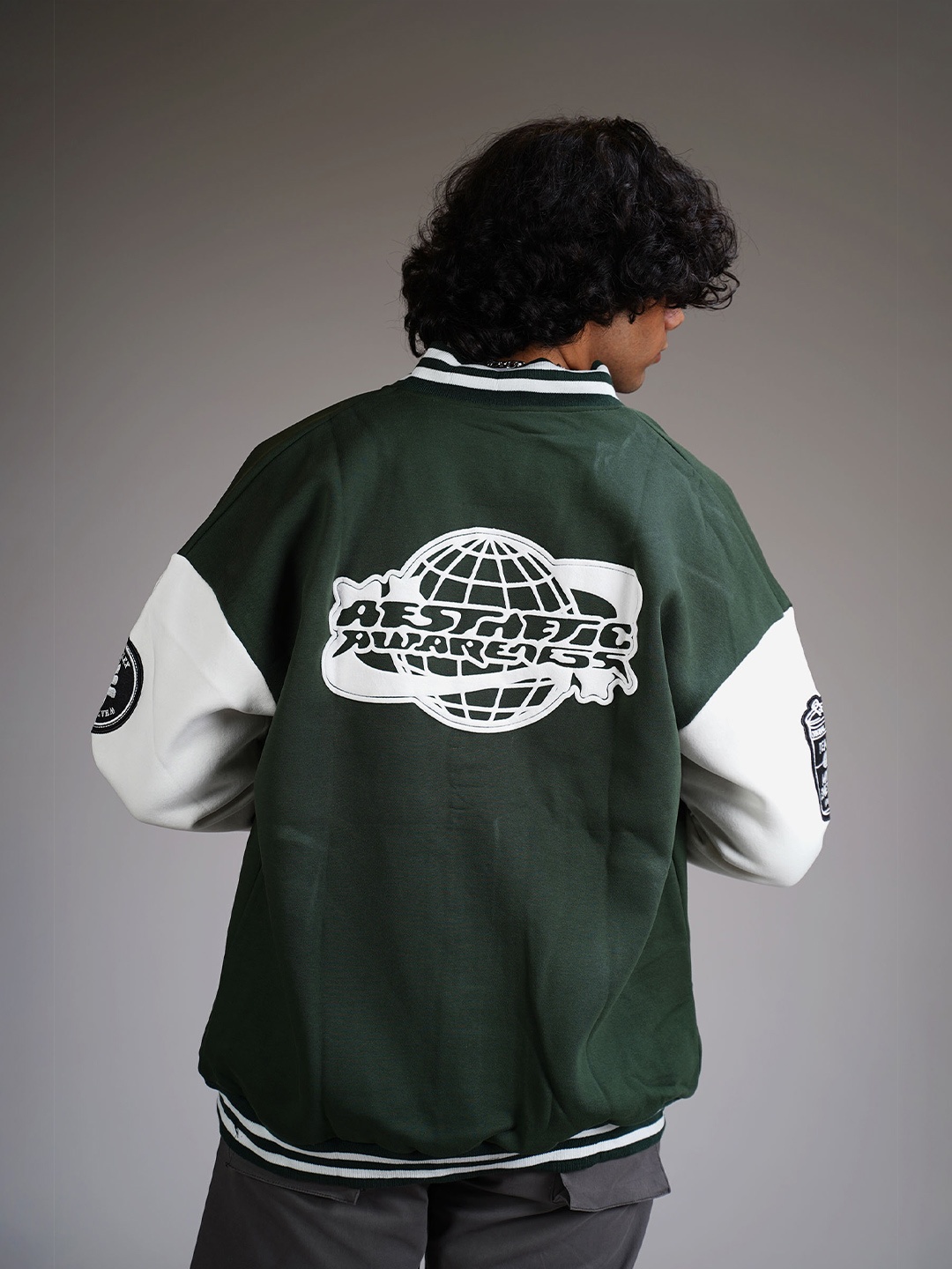 WHAT THE FLEX AESTHETIC AWARENESS Unisex Typography Embroidered Varsity Jacket, Green
WHAT THE FLEX AESTHETIC AWARENESS Unisex Typography Embroidered Varsity Jacket, Green