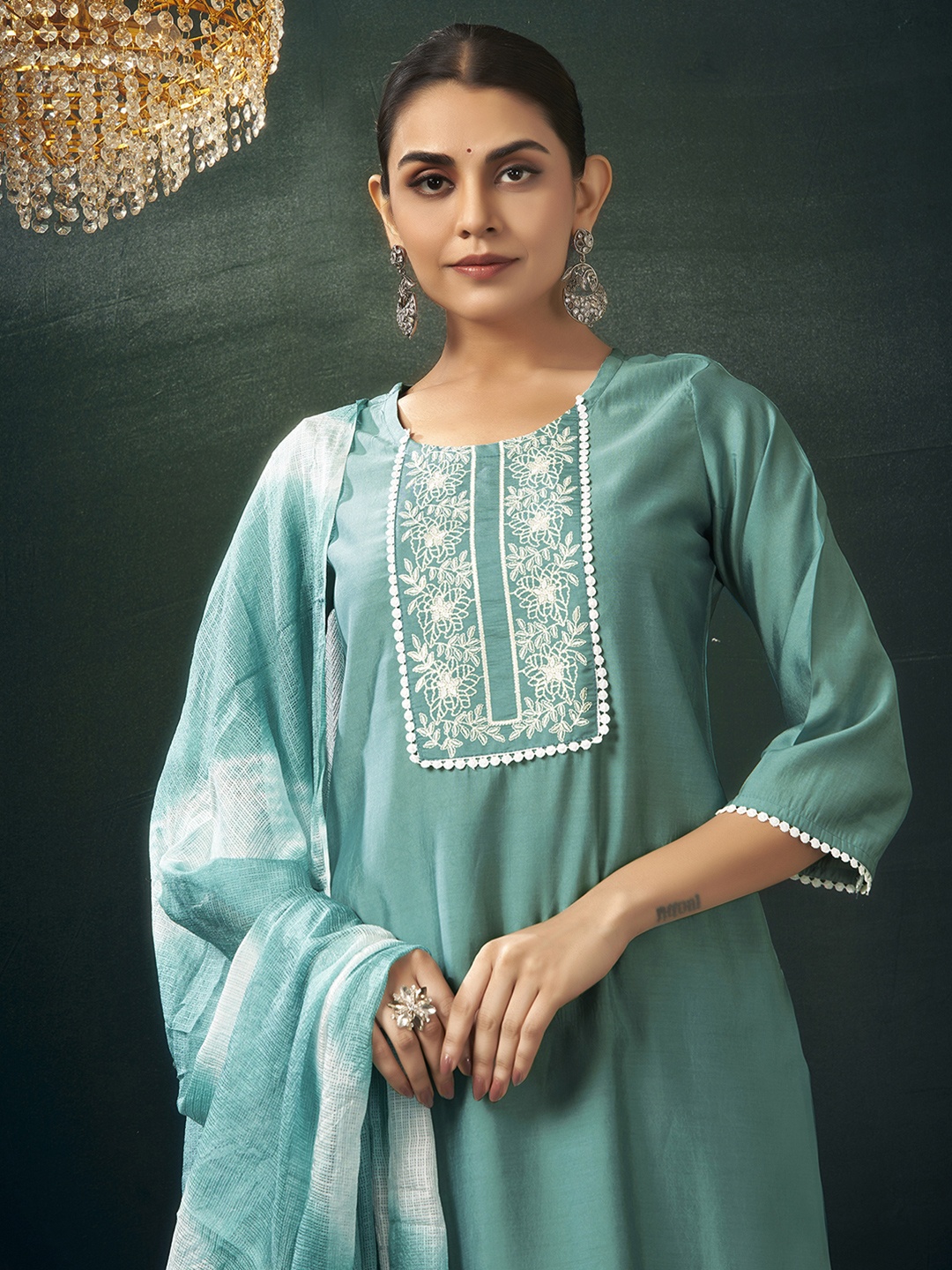 KALINI Ethnic Motifs Embroidered Chanderi Silk Kurta With Trousers & Dupatta, Sea green
KALINI Ethnic Motifs Embroidered Chanderi Silk Kurta With Trousers & Dupatta, Sea green