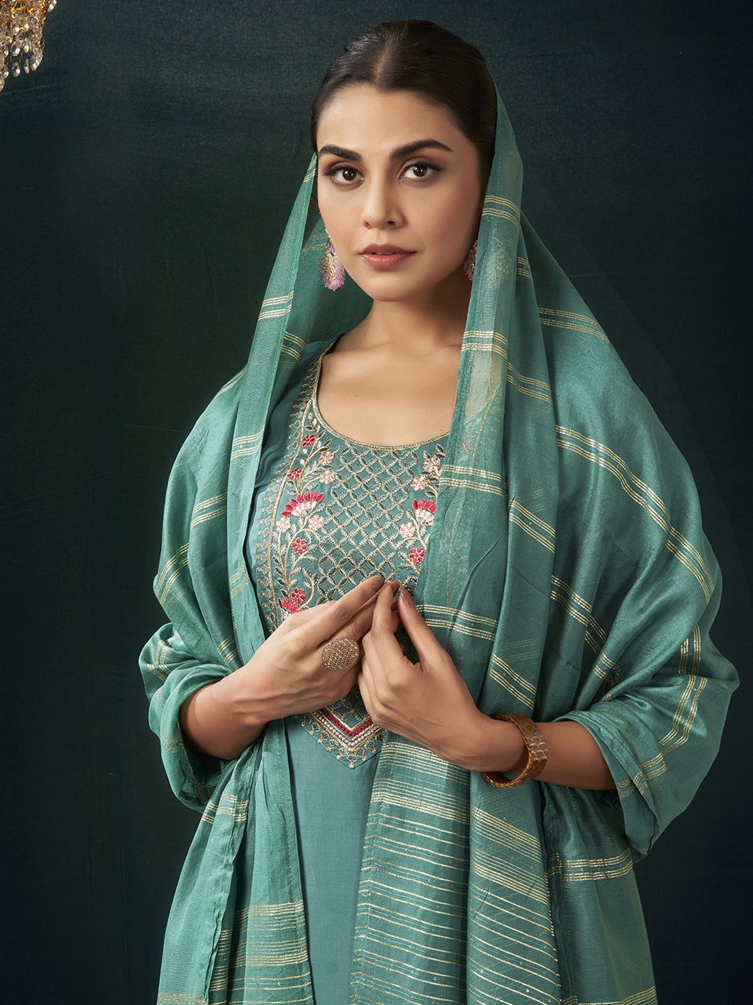KALINI Ethnic Motifs Embroidered Straight Kurta With Trouser & Dupatta, Sea green
KALINI Ethnic Motifs Embroidered Straight Kurta With Trouser & Dupatta, Sea green