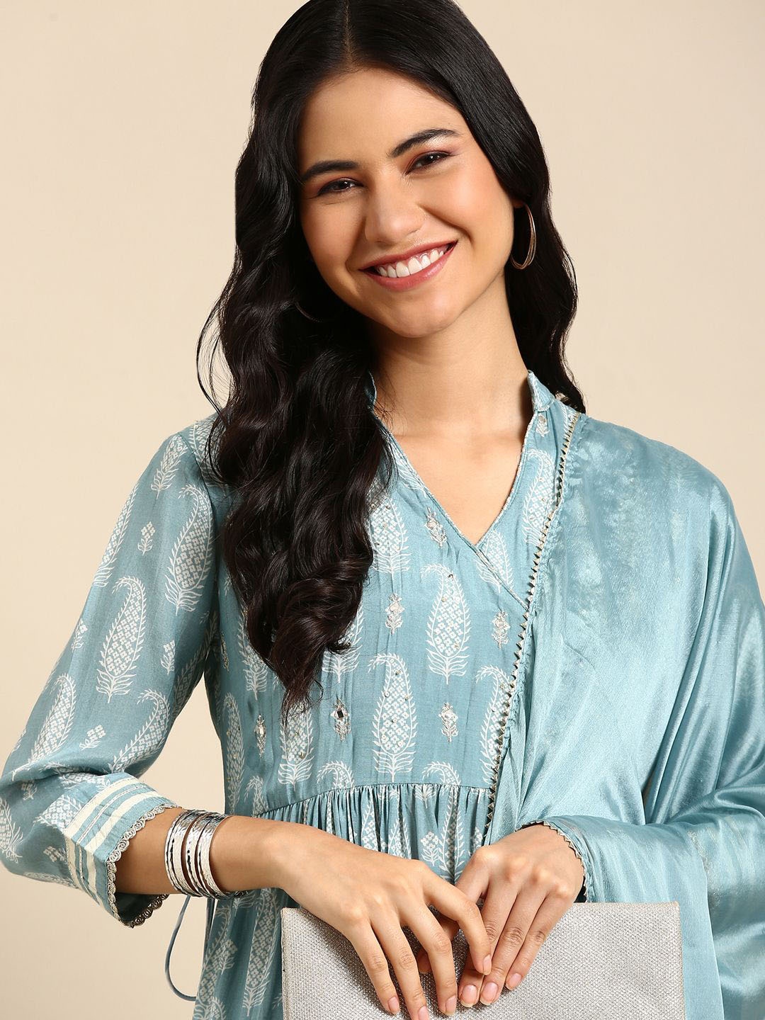 SHOWOFF Paisley Embroidered Angrakha Mirror Work Anarkali Kurti With Sharara & Dupatta, Blue
SHOWOFF Paisley Embroidered Angrakha Mirror Work Anarkali Kurti With Sharara & Dupatta, Blue