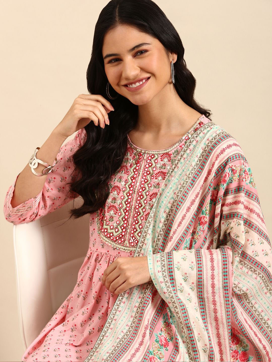 SHOWOFF Floral Printed Empire Mirror Work Anarkali Kurta with Trousers & With Dupatta, Pink
SHOWOFF Floral Printed Empire Mirror Work Anarkali Kurta with Trousers & With Dupatta, Pink